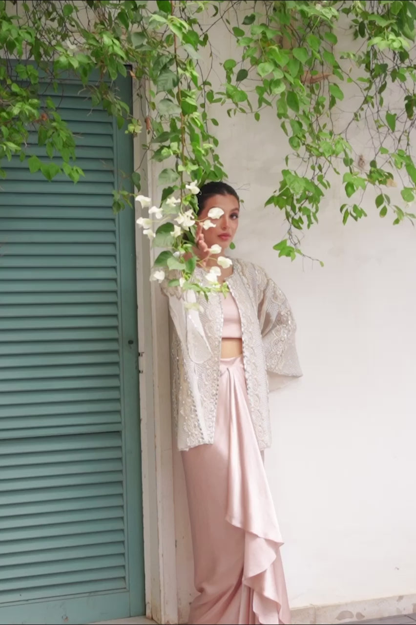 Pakistani Ivory Lace Embellished Charmeuse Gown (3-Piece) - Image 7