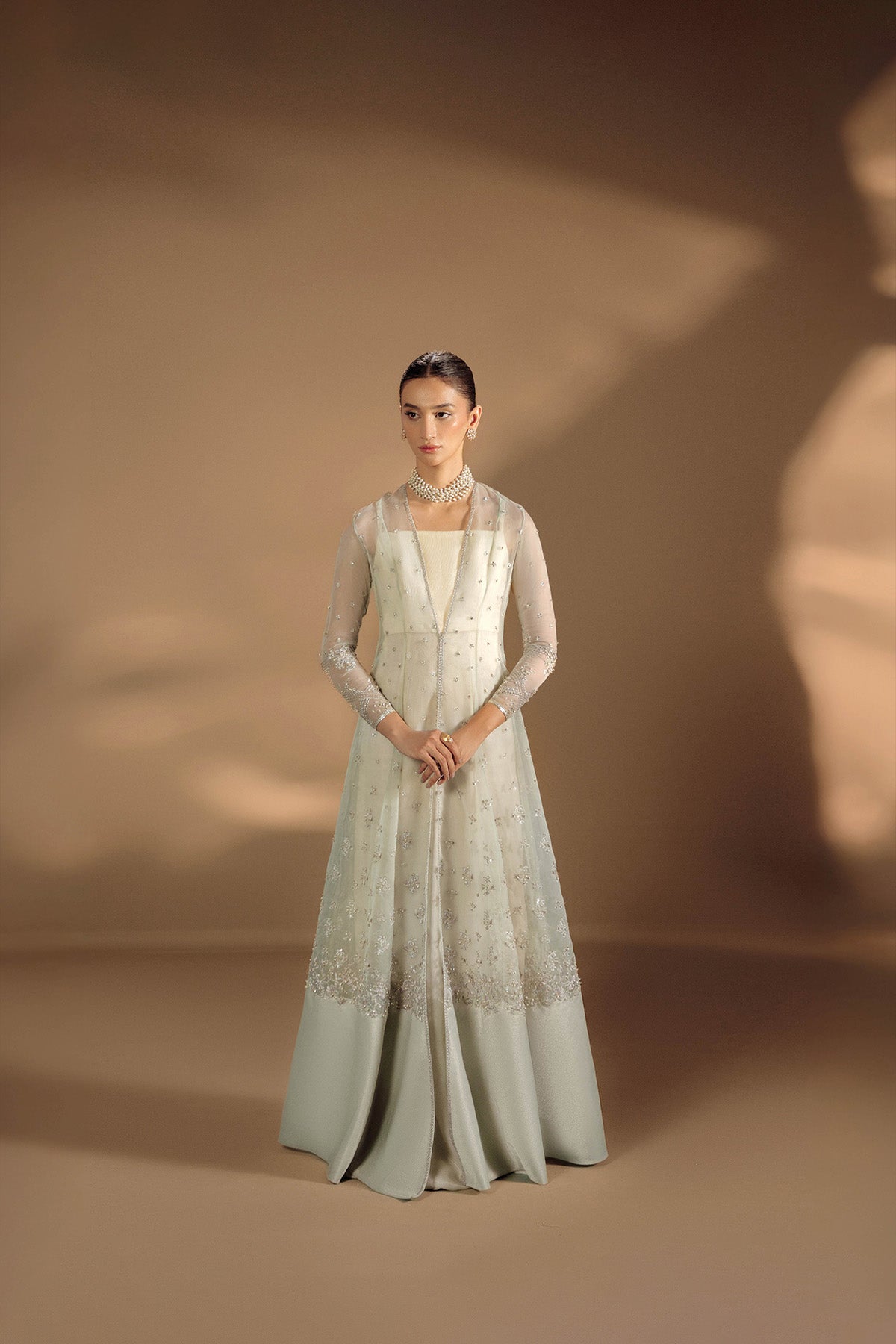 Pakistani Pastel Embellished Organza Jacket with Ivory Masuri Gown (2-Piece) - Image 1