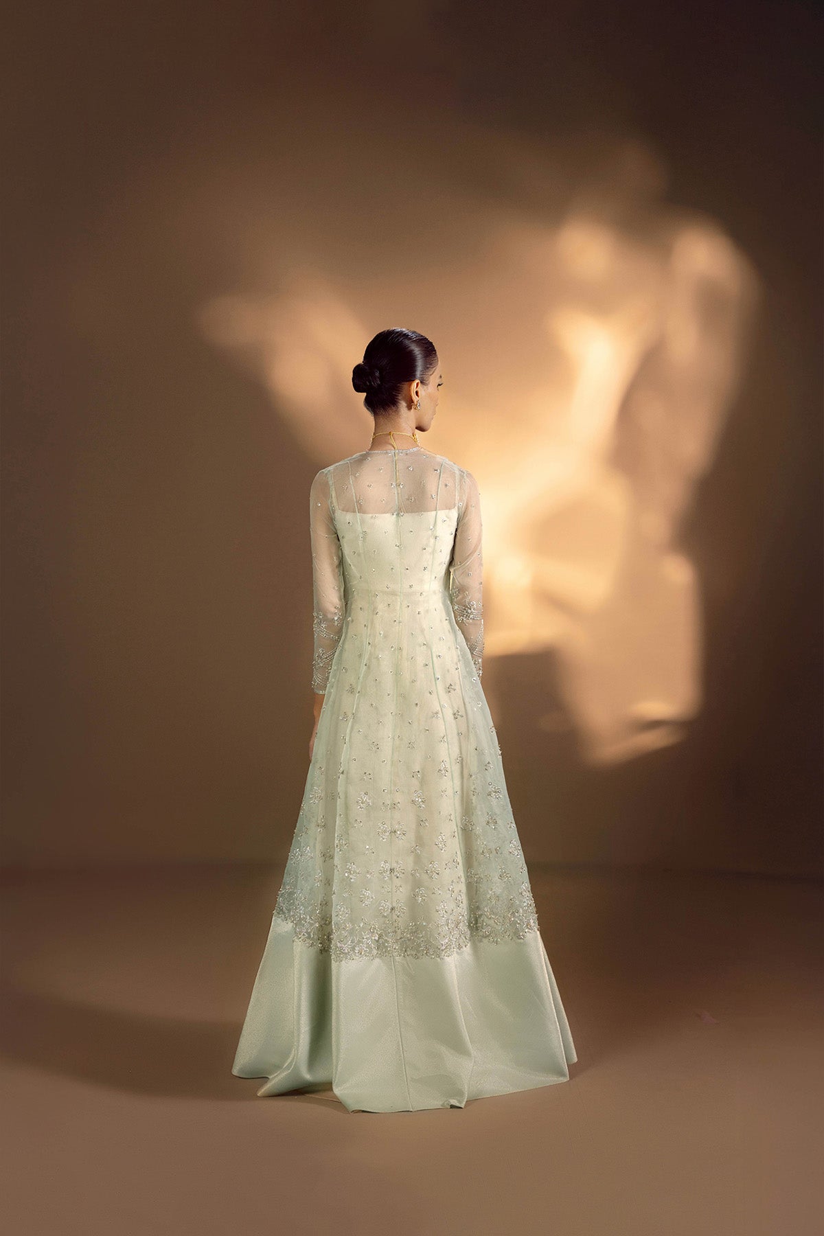 Pakistani Pastel Embellished Organza Jacket with Ivory Masuri Gown (2-Piece) - Image 2