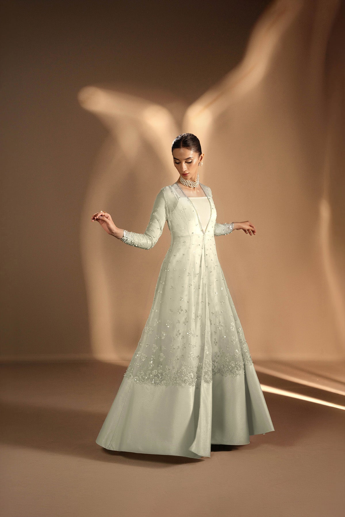 Pakistani Pastel Embellished Organza Jacket with Ivory Masuri Gown (2-Piece) - Image 3