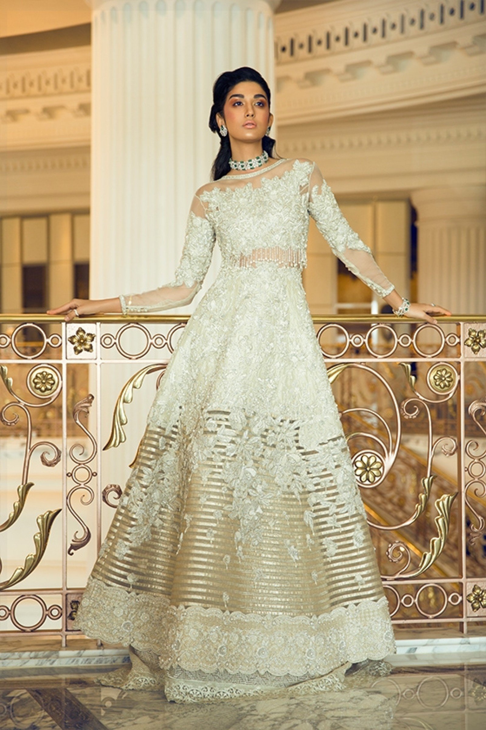 Ivory Gold Embroidered Lame Bridal Gown (1-Pc) - Image 1