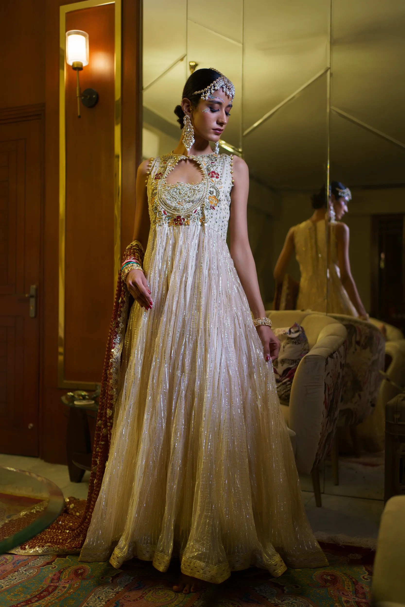 Ivory Gold Embroidered Metallic-Thread Gown (2-Piece) - Image 1