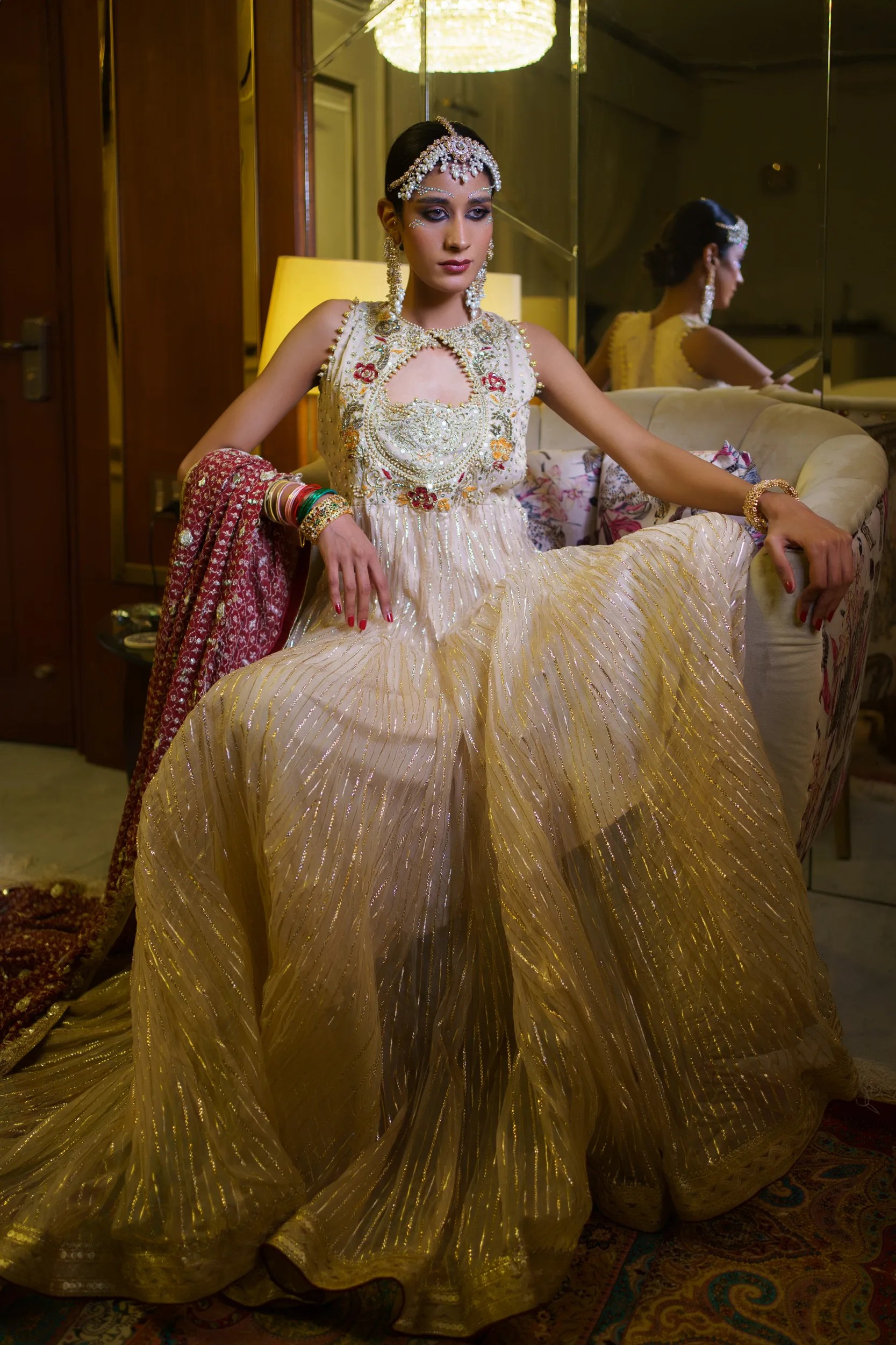 Ivory Gold Embroidered Metallic-Thread Gown (2-Piece) - Image 2