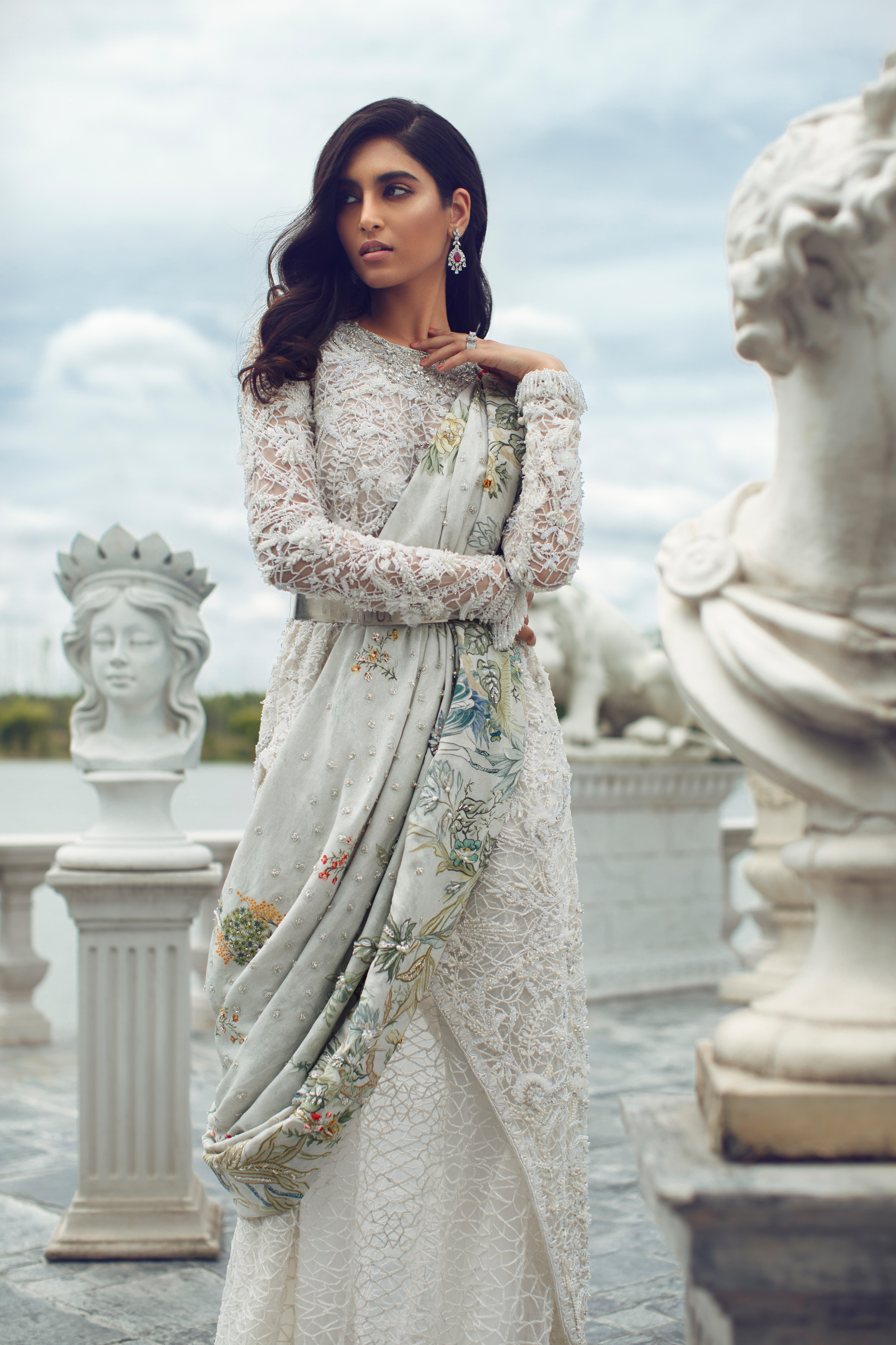 Pakistani Ivory 3D Floral Embellished Net Gown (2-Piece) - Image 2