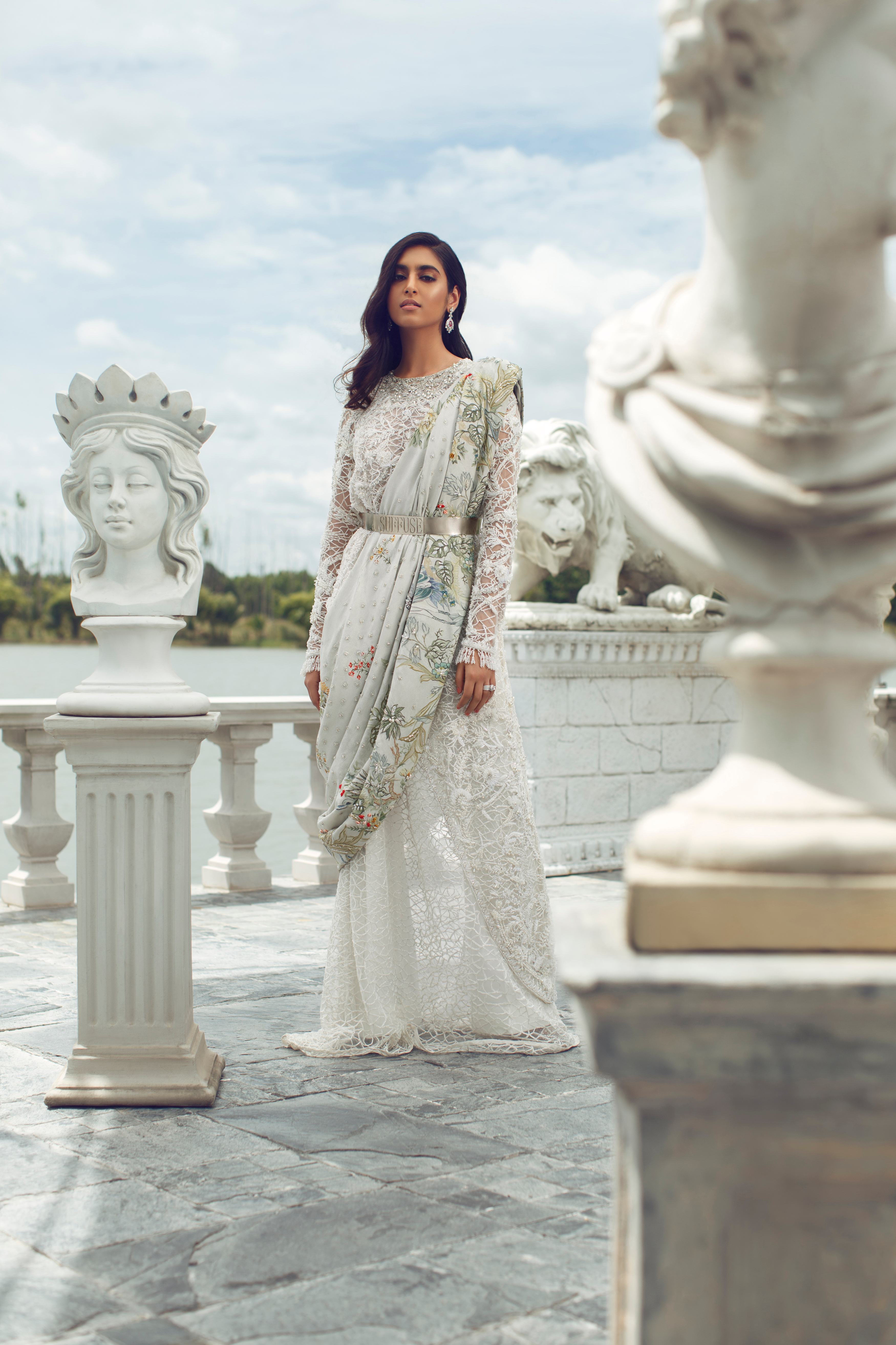 Pakistani Ivory 3D Floral Embellished Net Gown (2-Piece) - Image 4