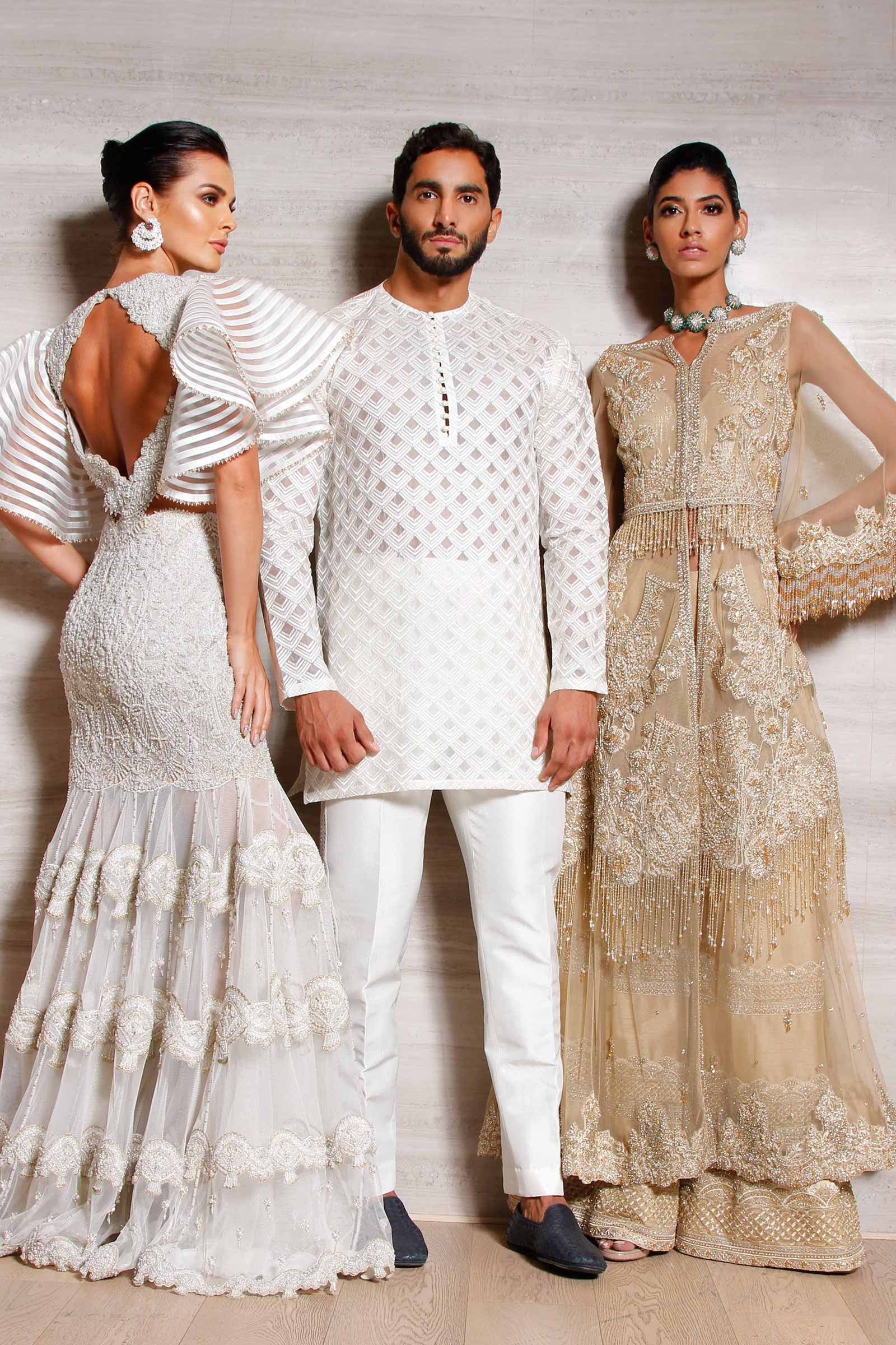 Pakistani Ivory Hand-Embellished Net Mermaid Gown (1-Pc) - Image 1