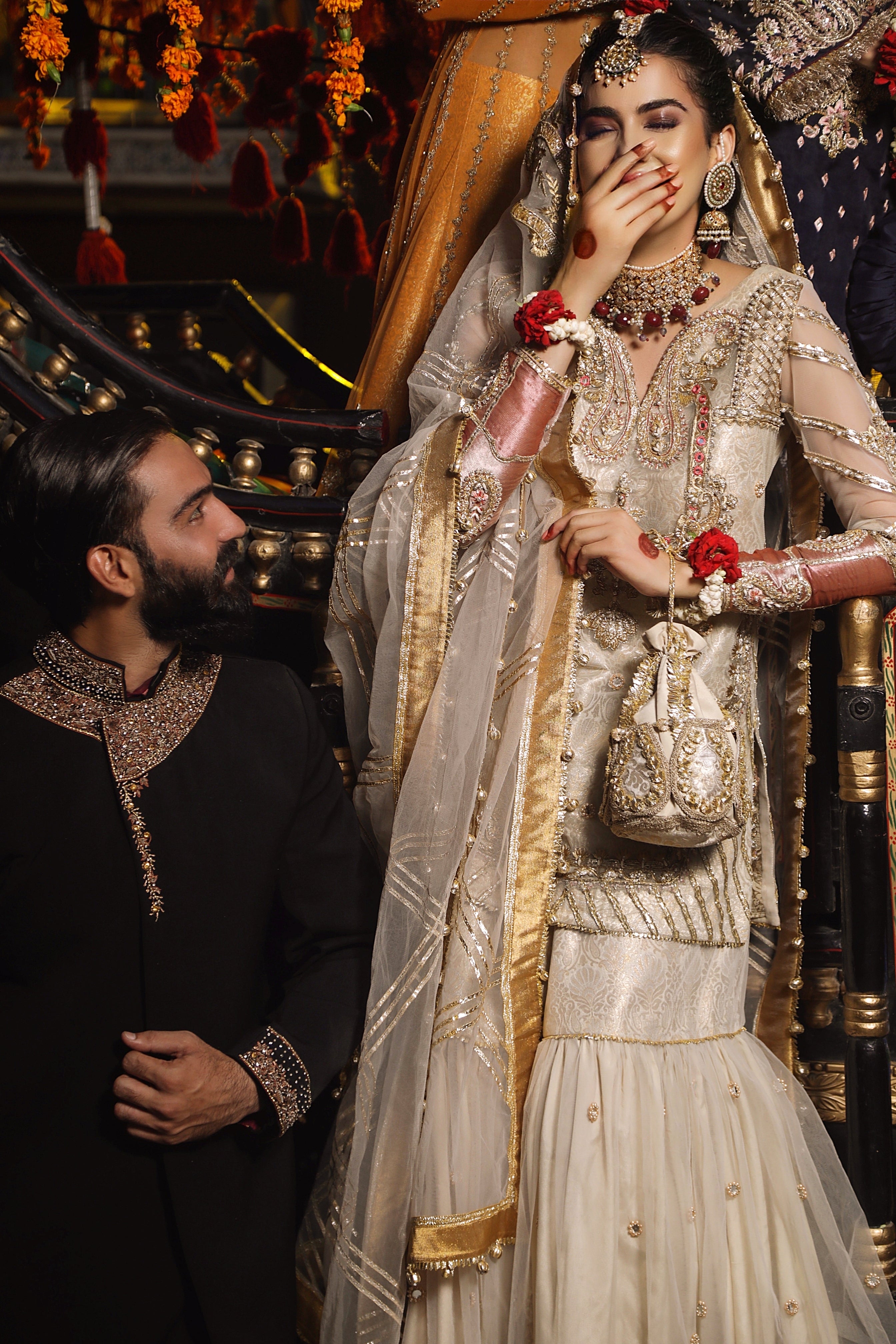 Pakistani Ivory Gold Embroidered Net Bridal Gown (2-Piece) - Image 1