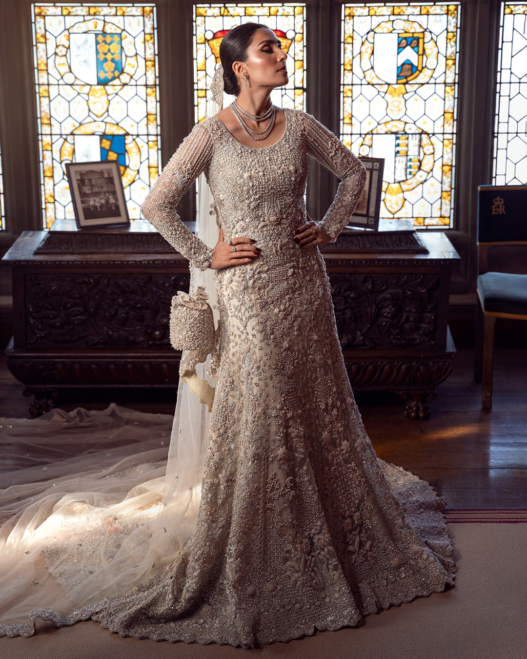 Pakistani Off-White Hand-Embellished Net Bridal Gown (2-Piece) - Image 2
