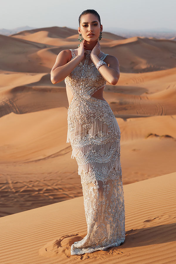 Pakistani Off-White Crystal Embellished Net Gown (1-Pc) - Image 1