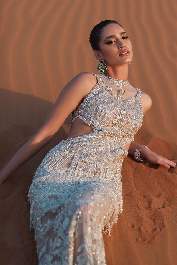 Pakistani Off-White Crystal Embellished Net Gown (1-Pc) - Image 2