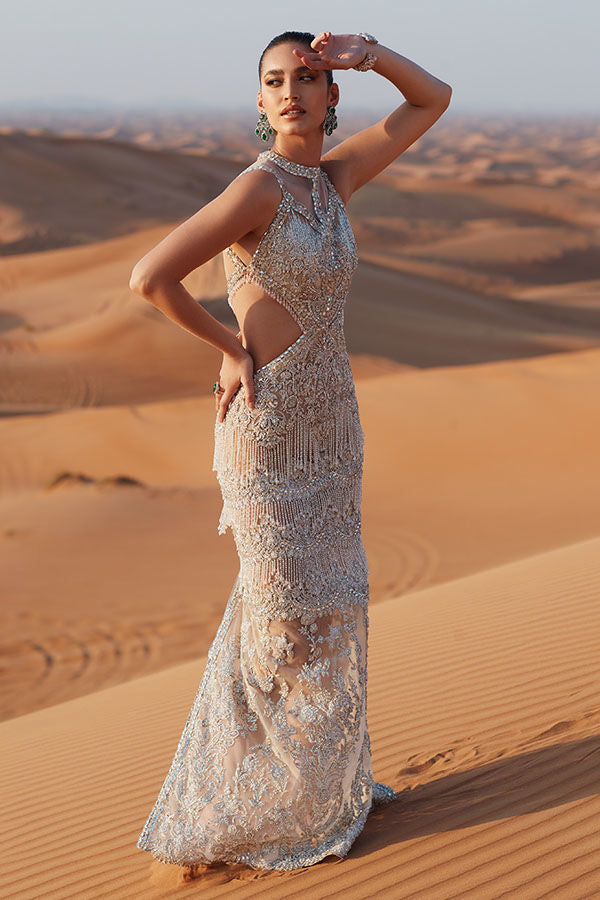 Pakistani Off-White Crystal Embellished Net Gown (1-Pc) - Image 3