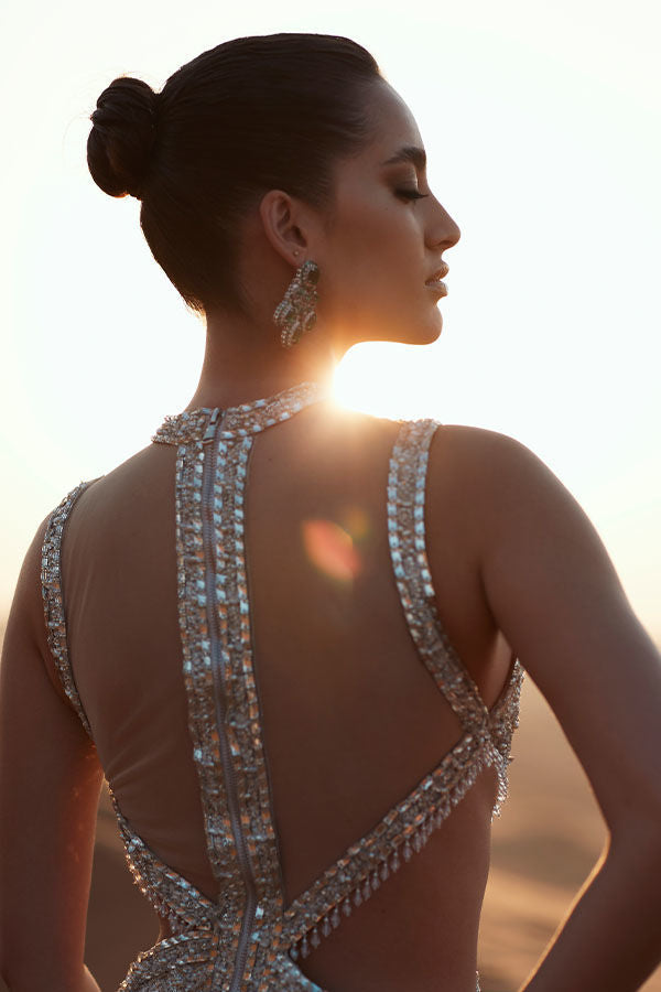 Pakistani Off-White Crystal Embellished Net Gown (1-Pc) - Image 6