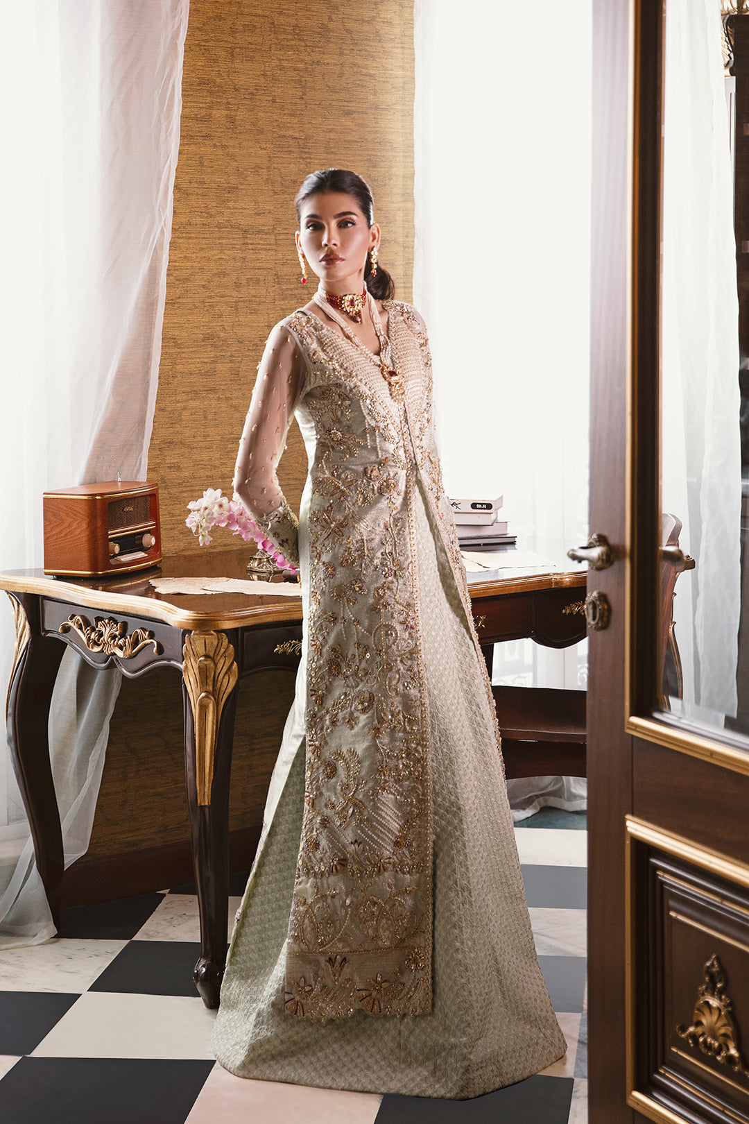 Off-White Embellished Net Bridal Gown (1-Pc) - Image 1