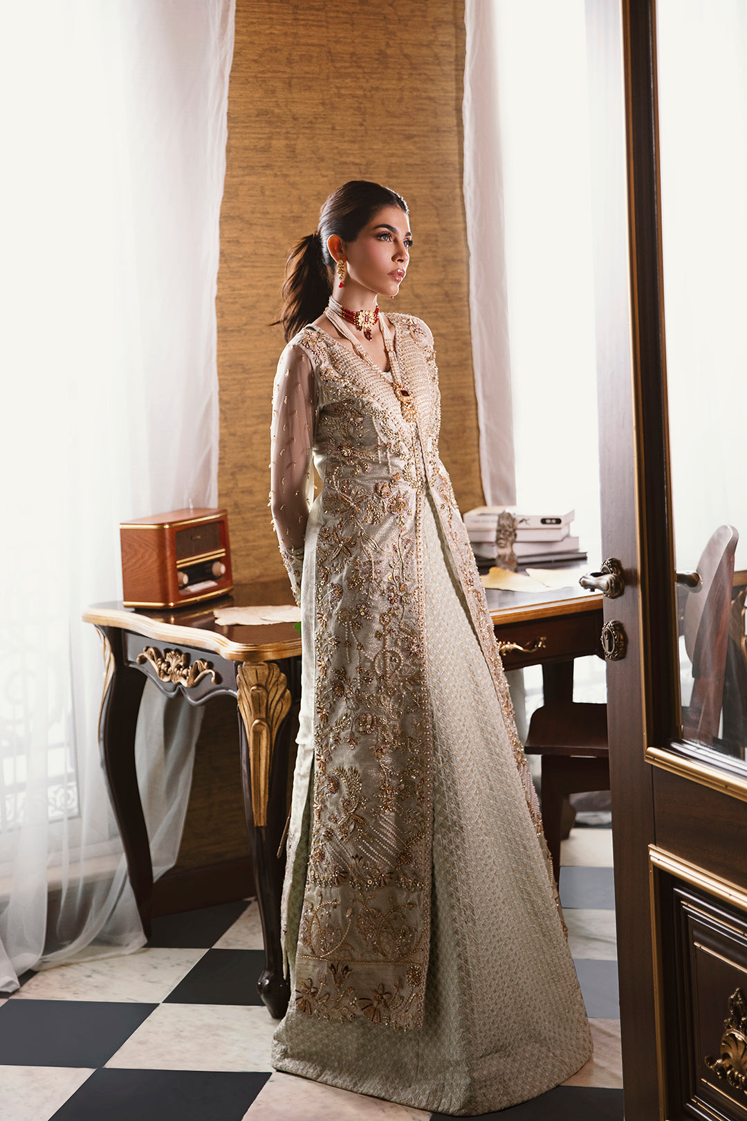 Off-White Embellished Net Bridal Gown (1-Pc) - Image 3