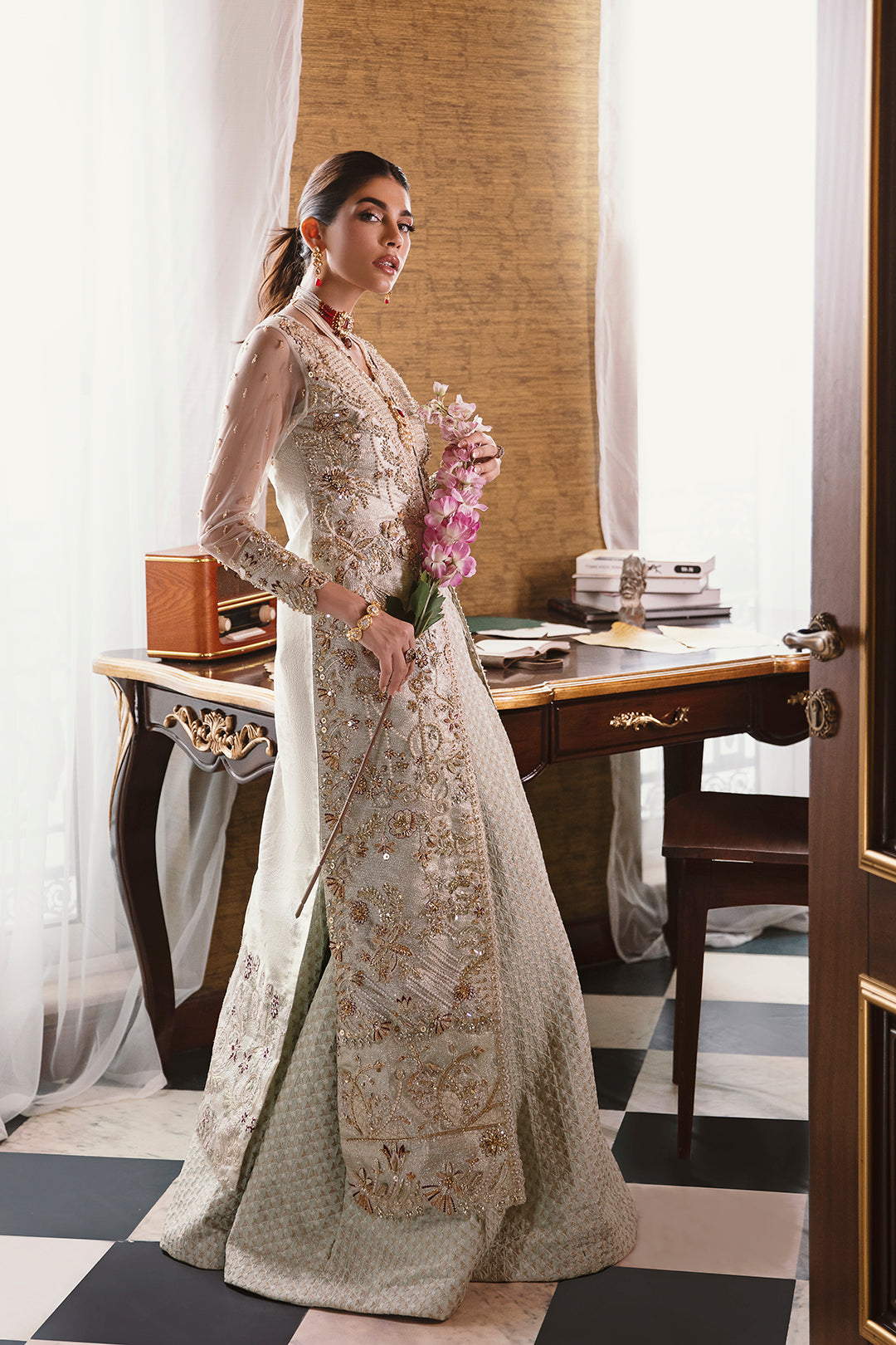 Off-White Embellished Net Bridal Gown (1-Pc) - Image 4