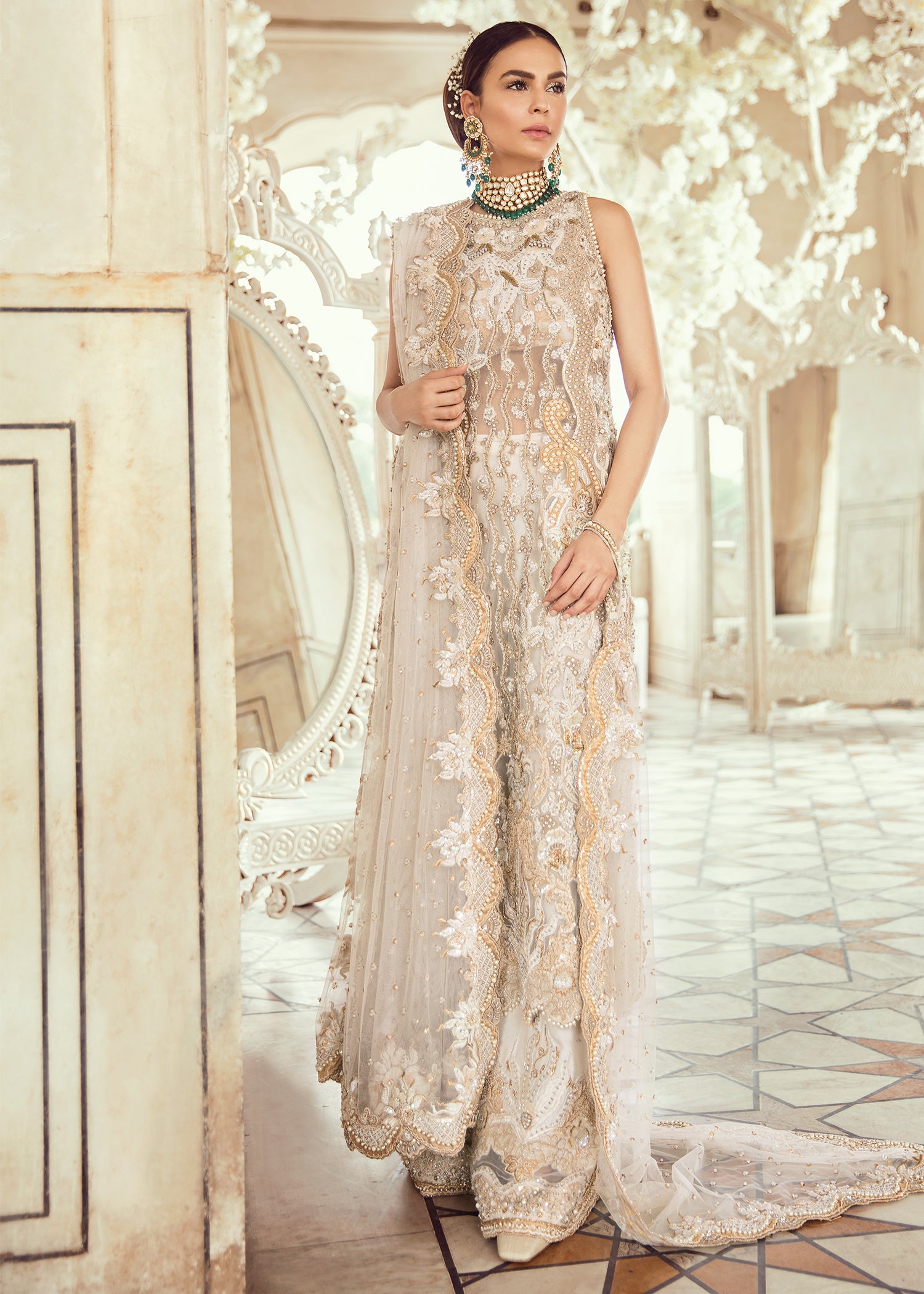 Pakistani Ivory Gold Embellished Net Bridal Gown (2-Piece) - Image 1