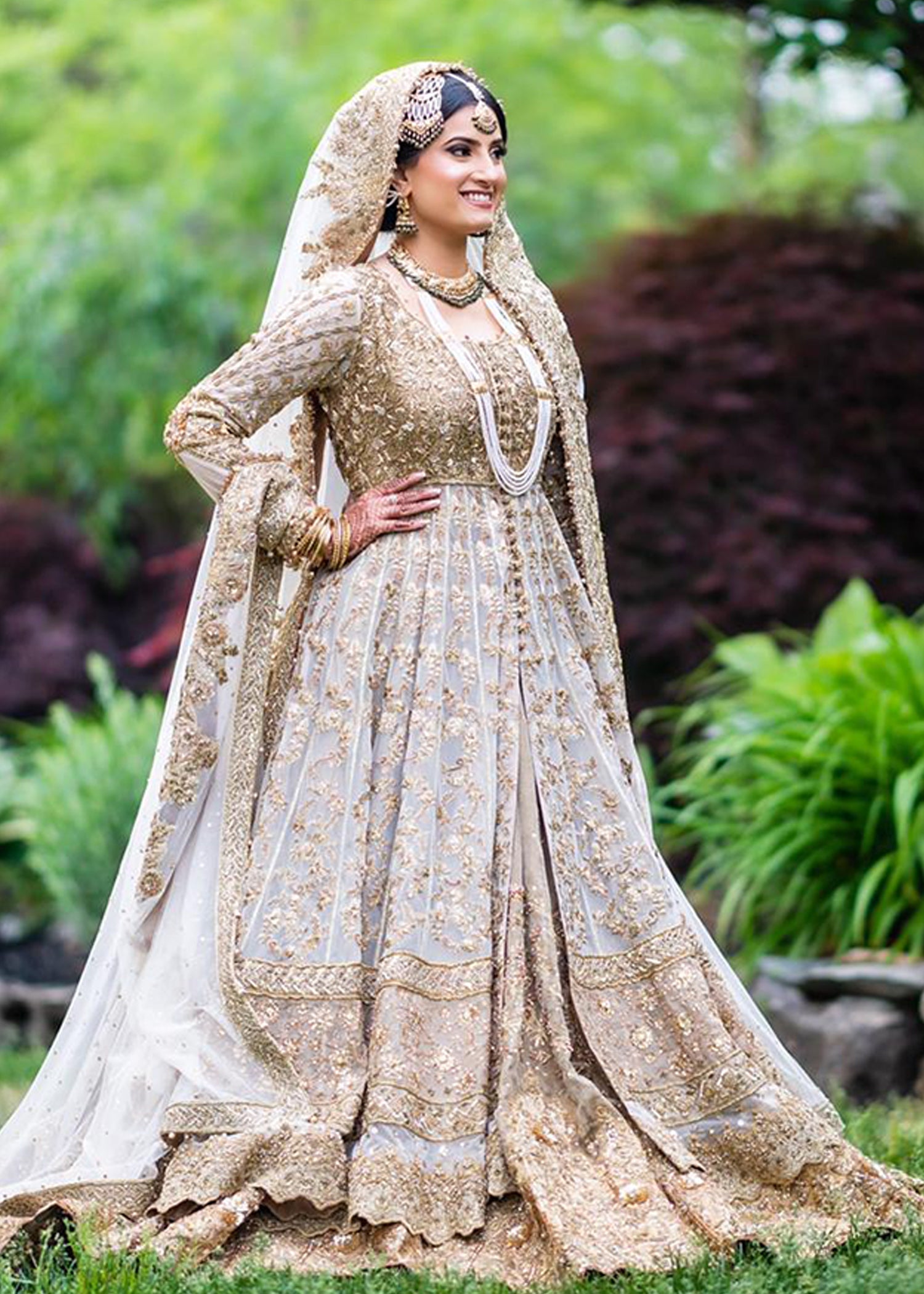 Pakistani Ivory Gold Embellished Net Bridal Gown (2-Piece) - Image 1