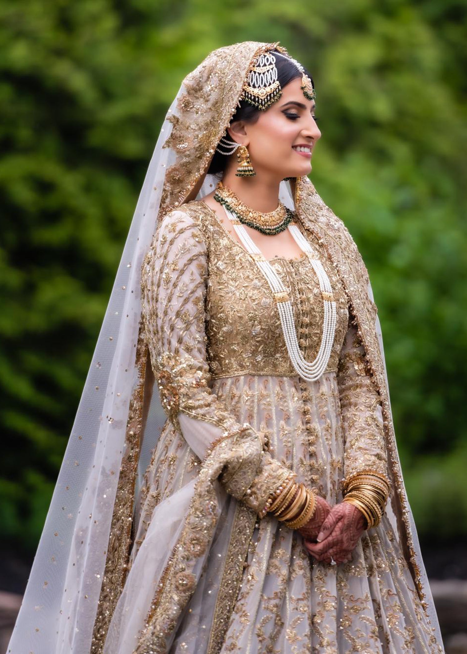 Pakistani Ivory Gold Embellished Net Bridal Gown (2-Piece) - Image 10