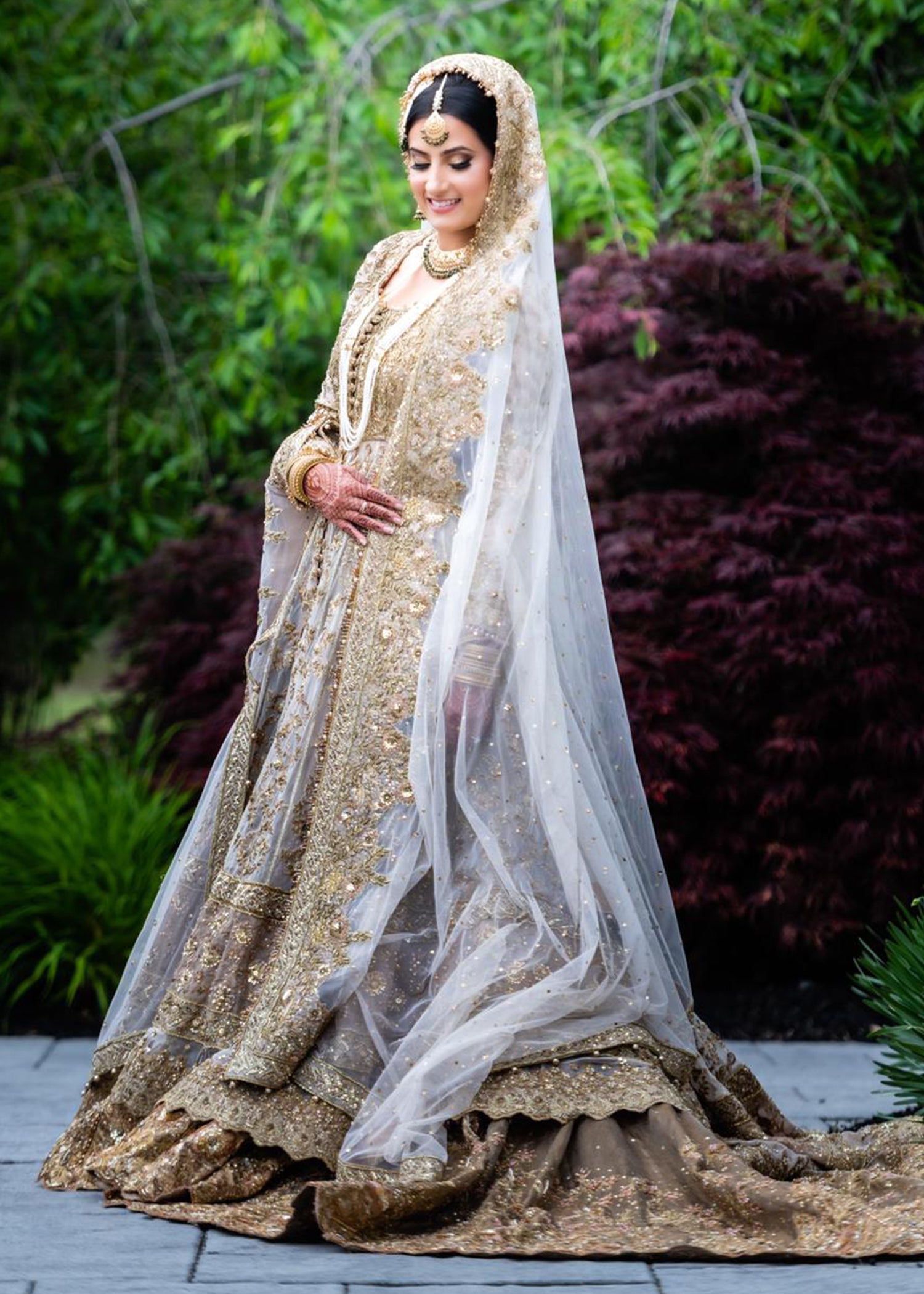 Pakistani Ivory Gold Embellished Net Bridal Gown (2-Piece) - Image 2