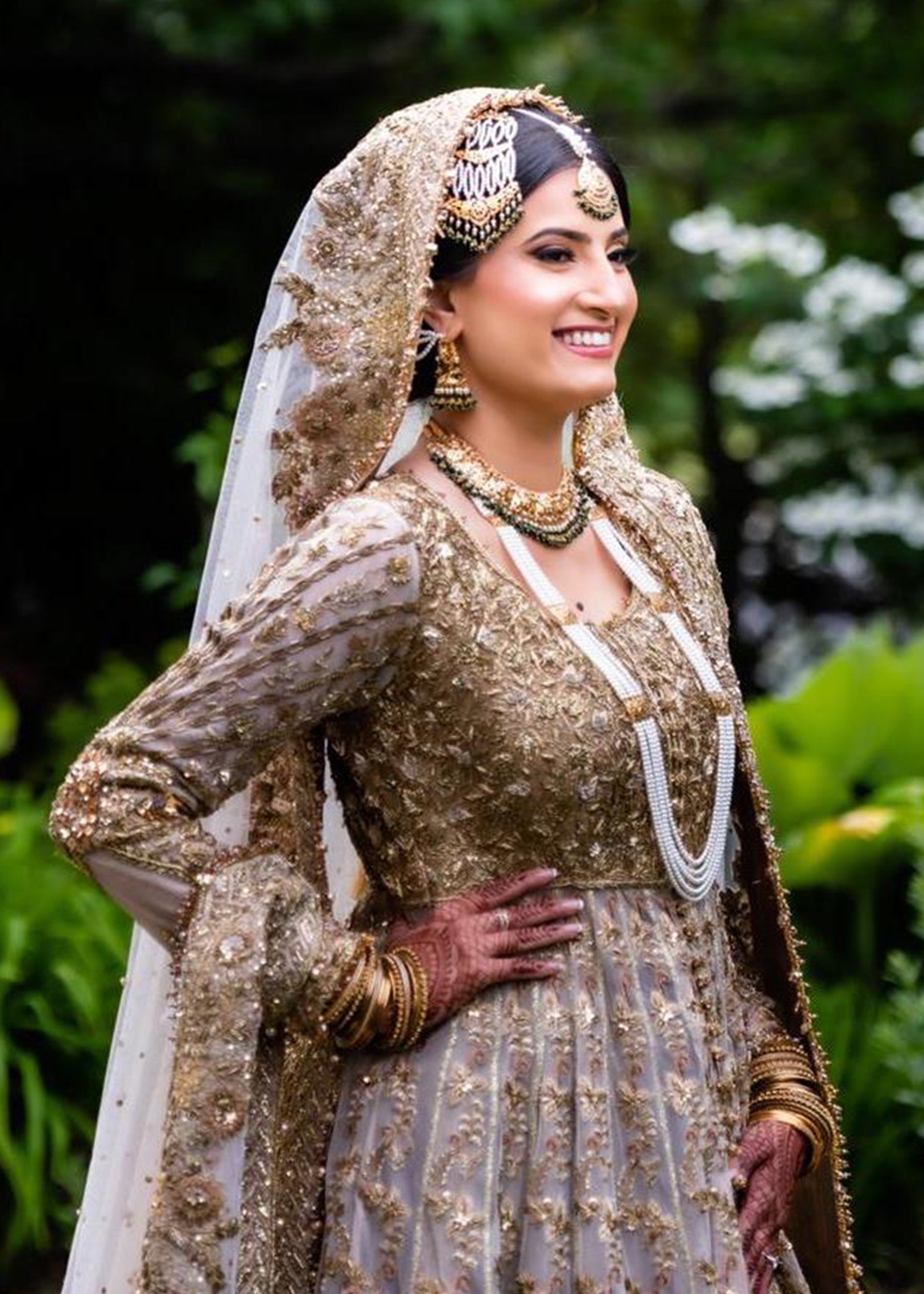 Pakistani Ivory Gold Embellished Net Bridal Gown (2-Piece) - Image 3