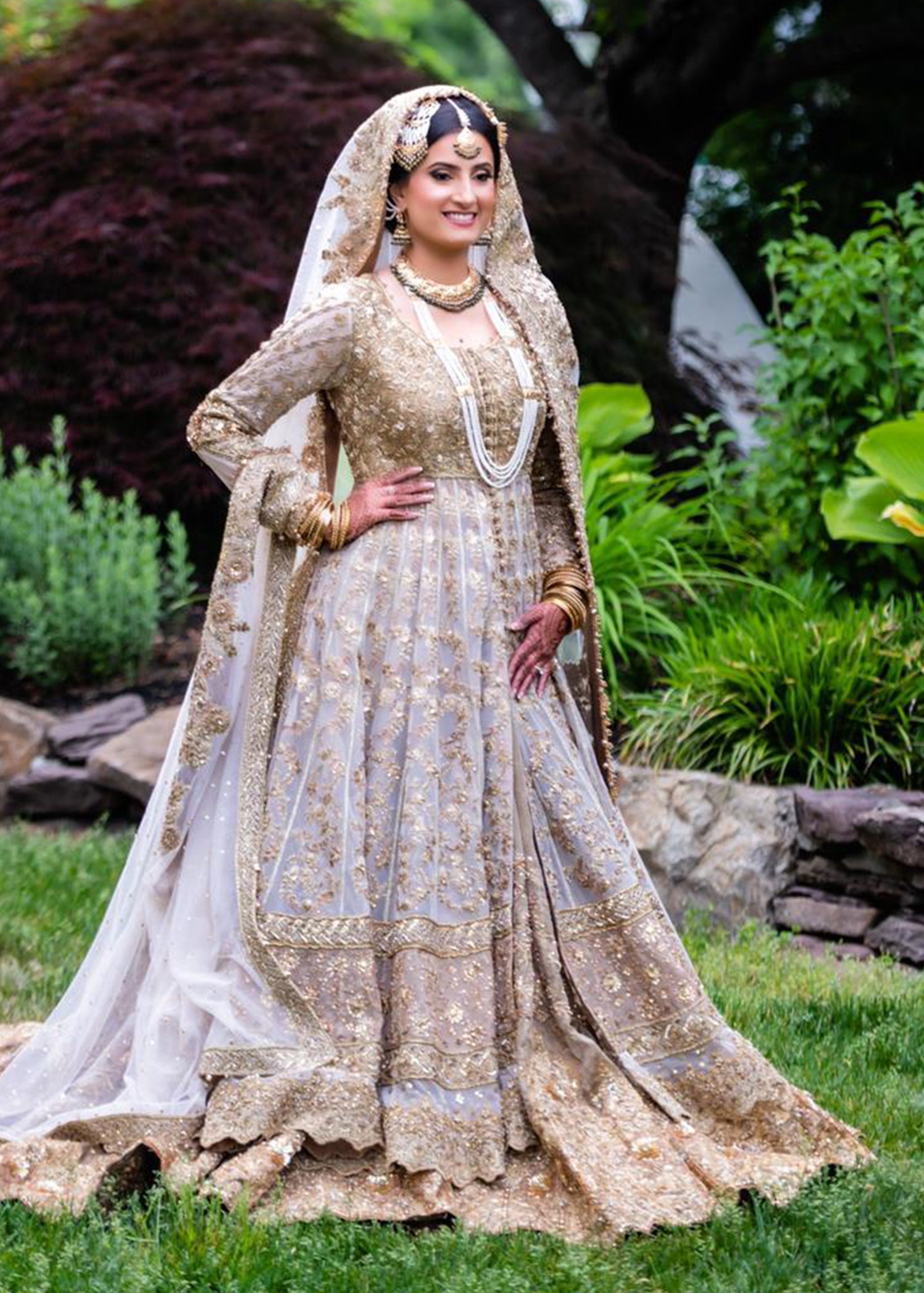 Pakistani Ivory Gold Embellished Net Bridal Gown (2-Piece) - Image 5