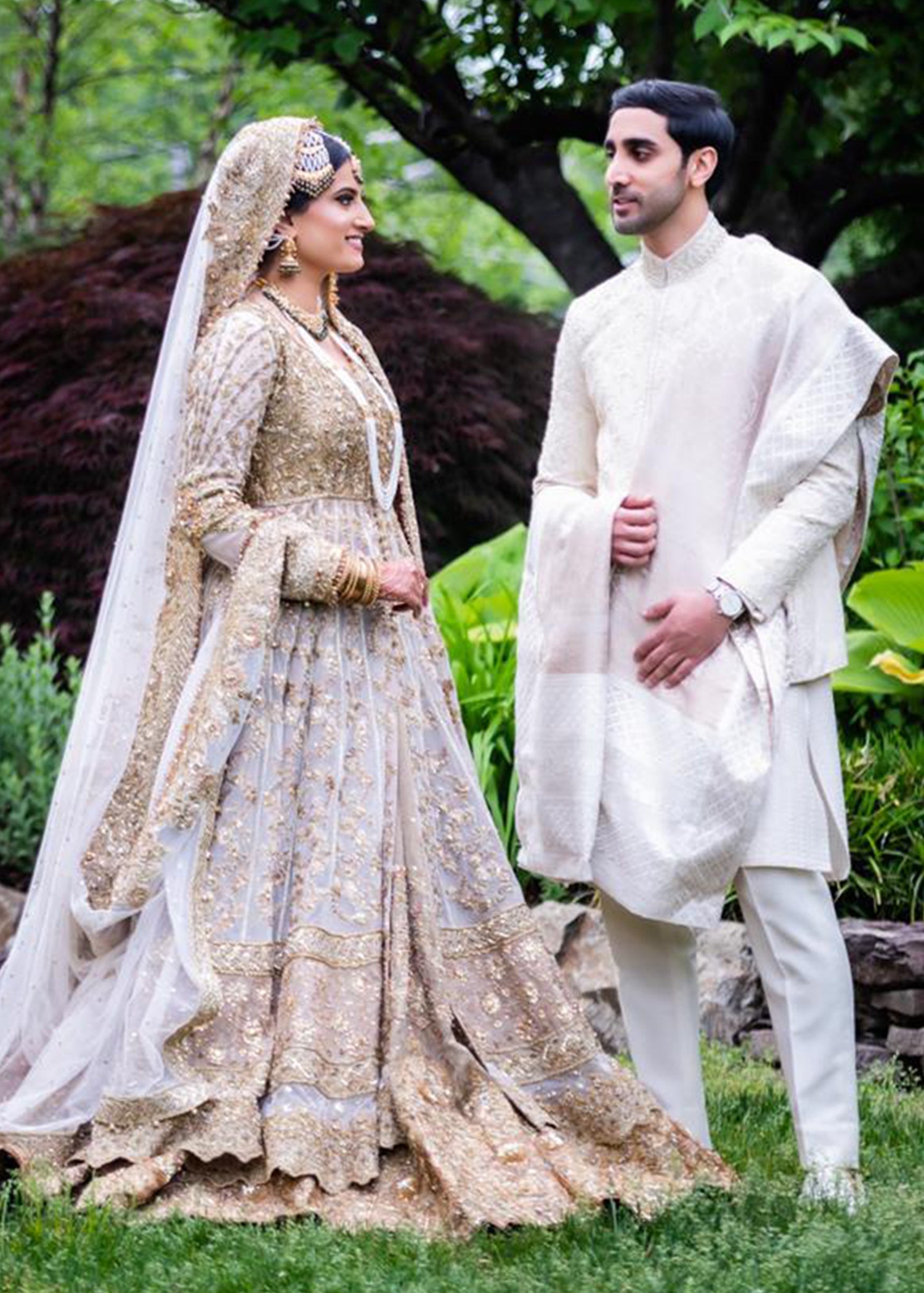 Pakistani Ivory Gold Embellished Net Bridal Gown (2-Piece) - Image 6