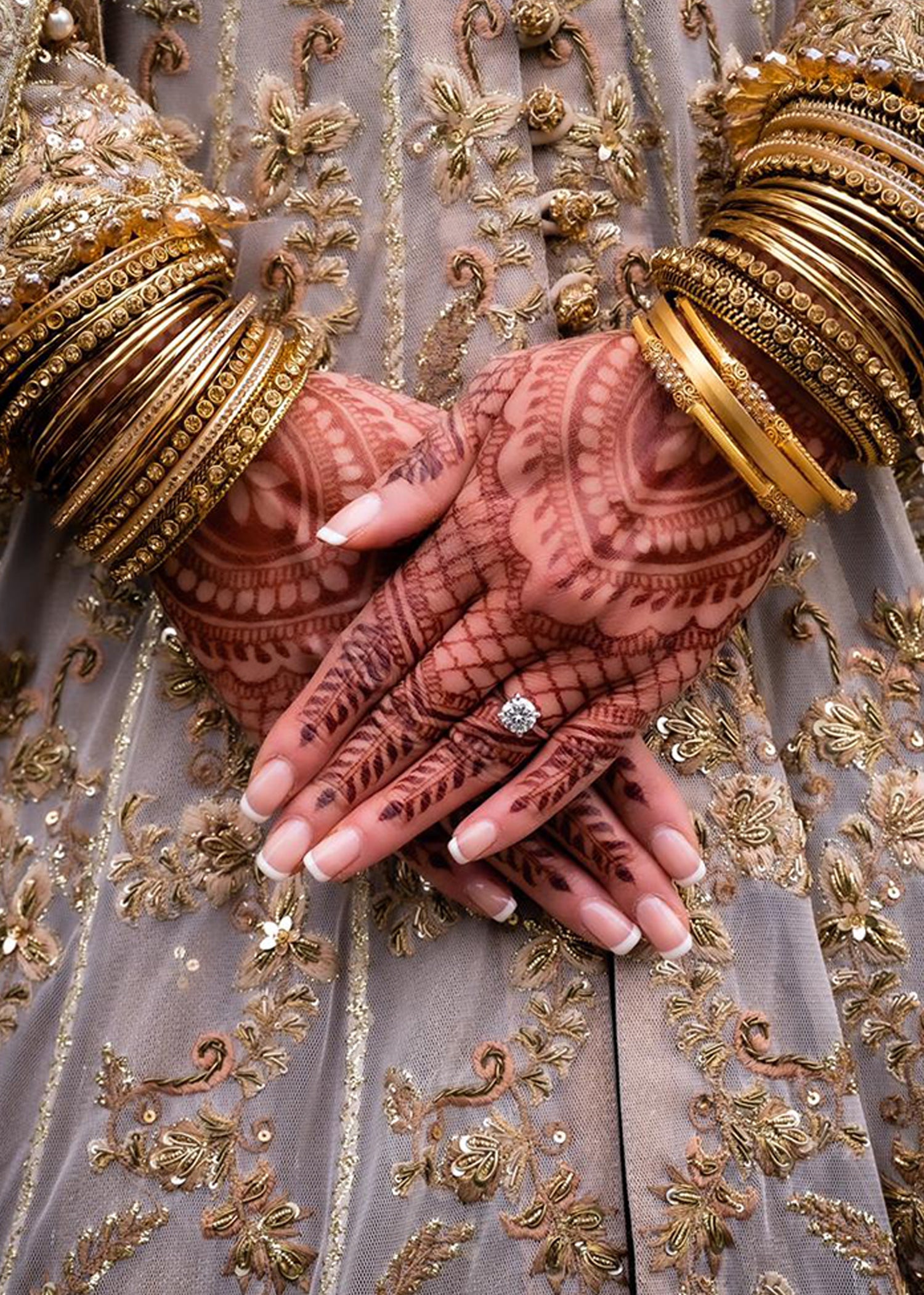 Pakistani Ivory Gold Embellished Net Bridal Gown (2-Piece) - Image 7