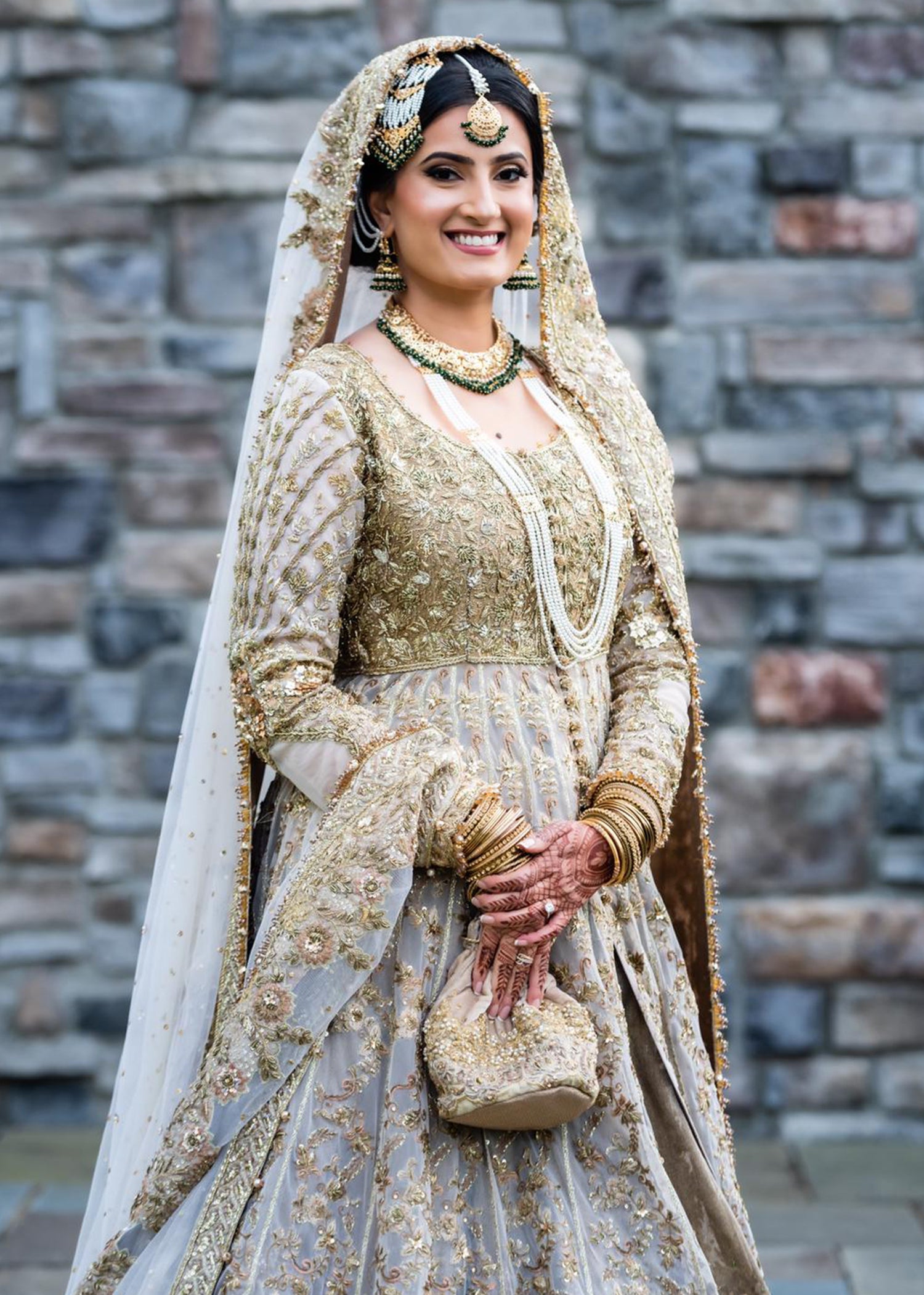 Pakistani Ivory Gold Embellished Net Bridal Gown (2-Piece) - Image 8