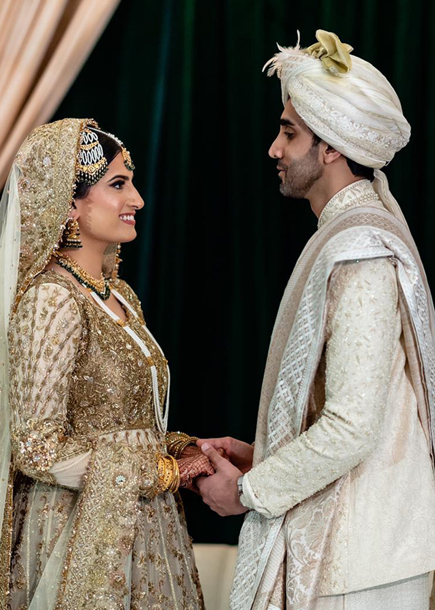 Pakistani Ivory Gold Embellished Net Bridal Gown (2-Piece) - Image 9