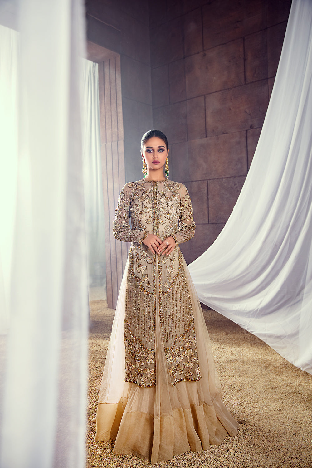 Pakistani Soft Neutral Embroidered Net Organza Long Jacket Gown (1-Pc) - Image 1
