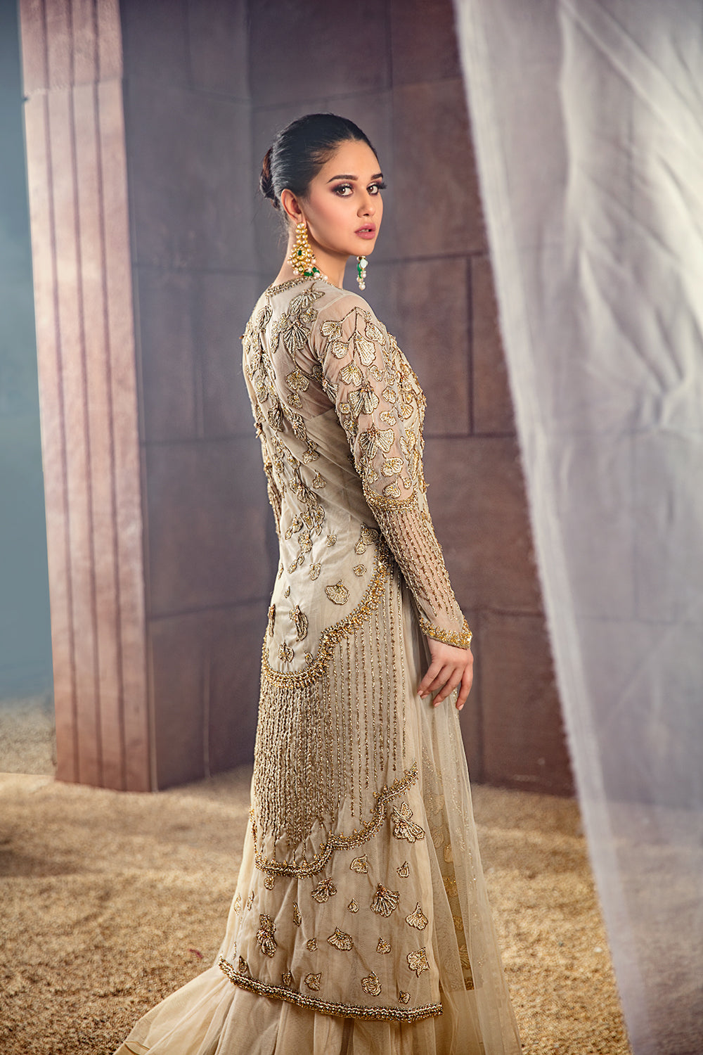 Pakistani Soft Neutral Embroidered Net Organza Long Jacket Gown (1-Pc) - Image 2