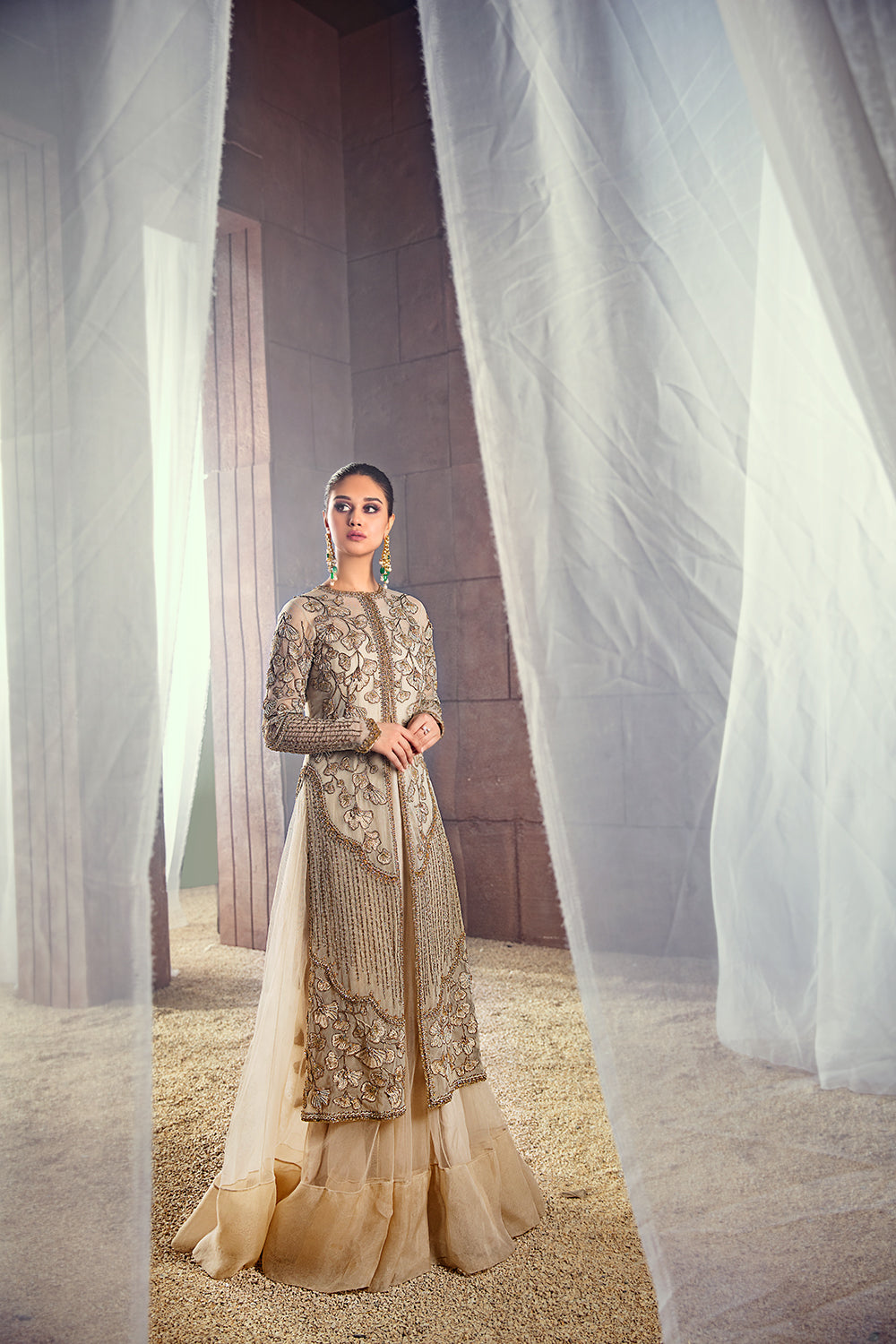 Pakistani Soft Neutral Embroidered Net Organza Long Jacket Gown (1-Pc) - Image 3