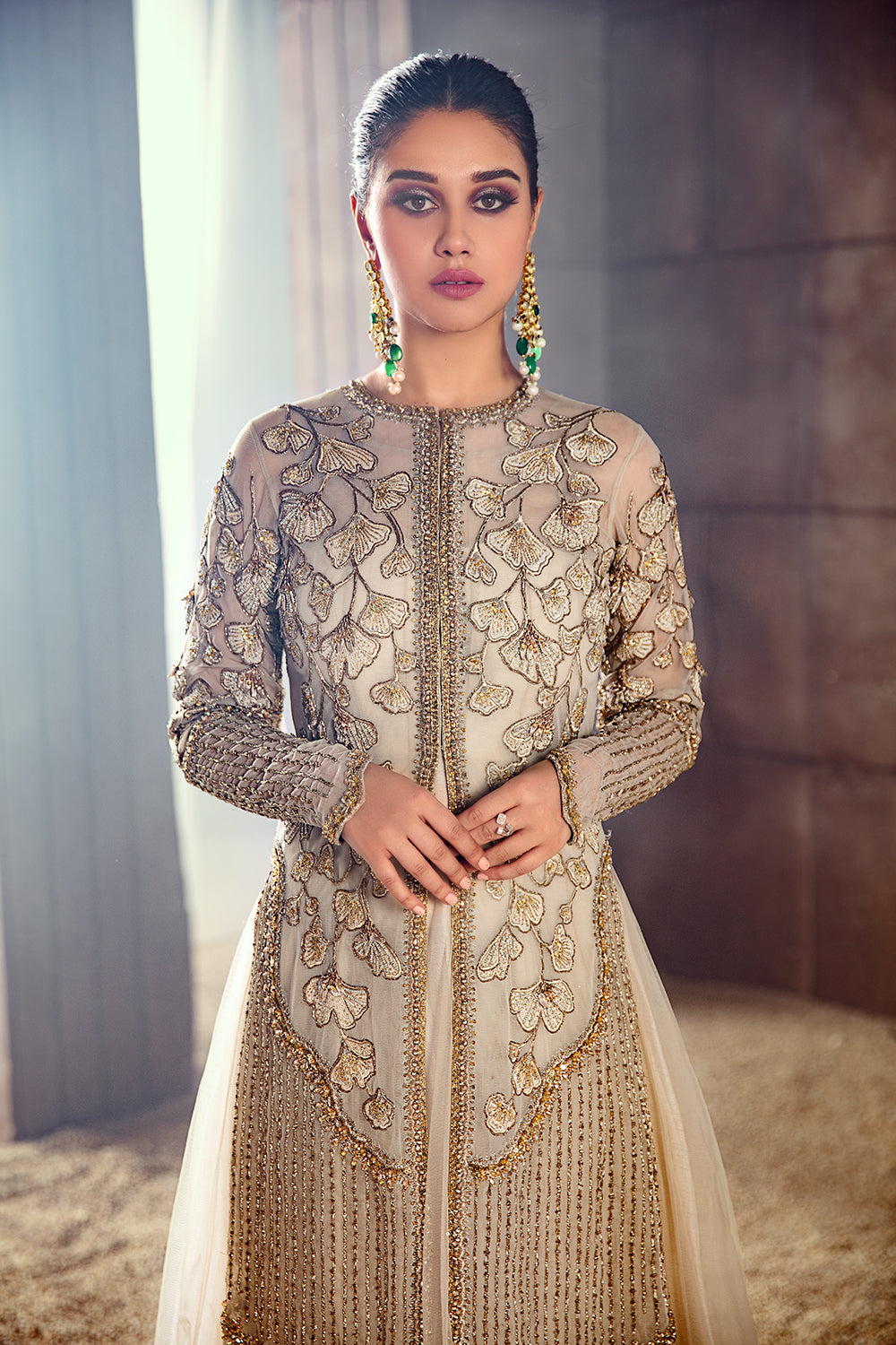 Pakistani Soft Neutral Embroidered Net Organza Long Jacket Gown (1-Pc) - Image 4