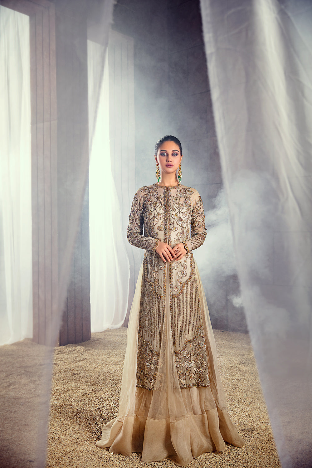 Pakistani Soft Neutral Embroidered Net Organza Long Jacket Gown (1-Pc) - Image 6