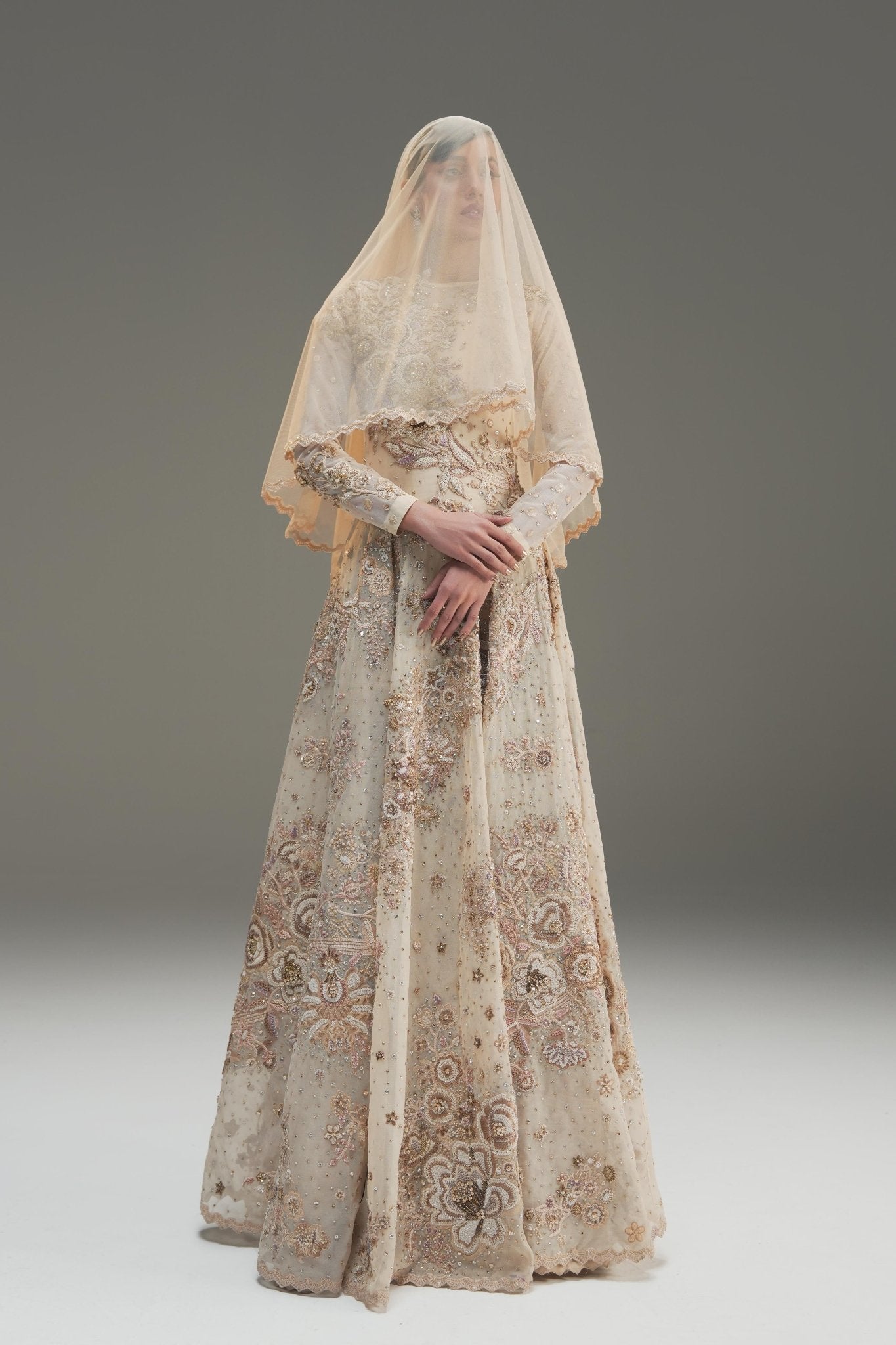 Ivory Hand Embroidered Net Bridal Gown (2-Piece) - Image 2