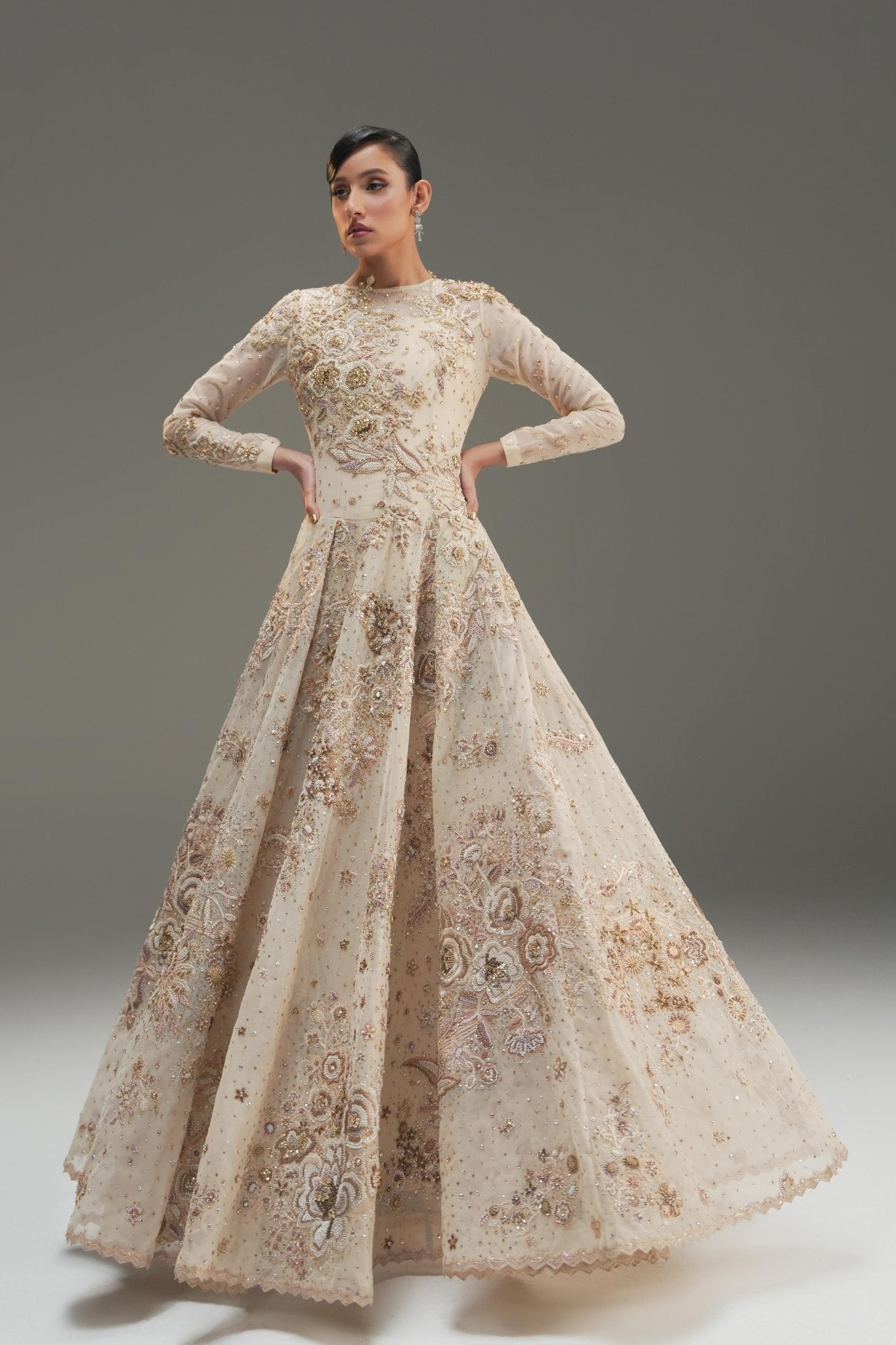 Ivory Hand Embroidered Net Bridal Gown (2-Piece) - Image 3