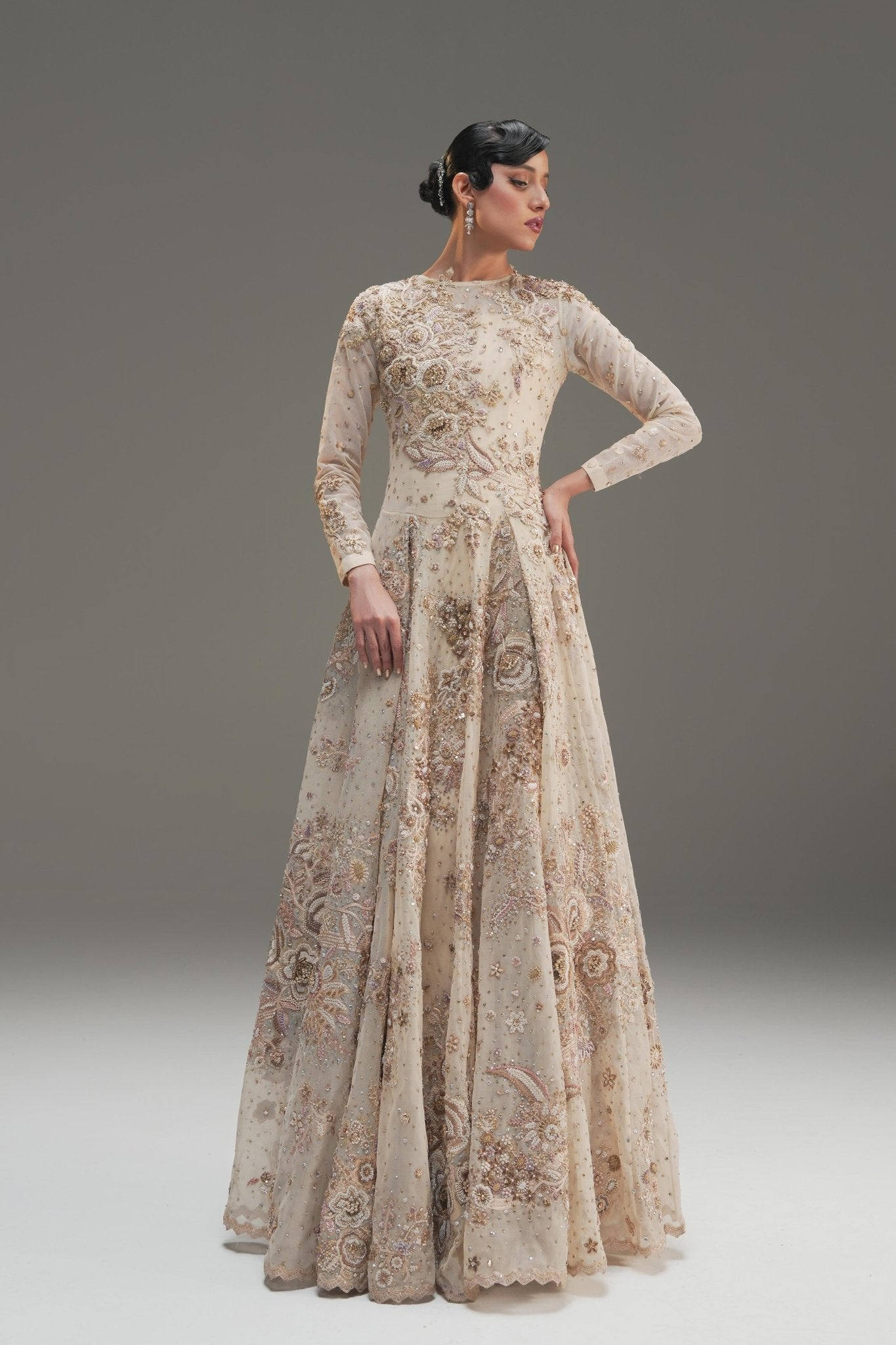 Ivory Hand Embroidered Net Bridal Gown (2-Piece) - Image 4