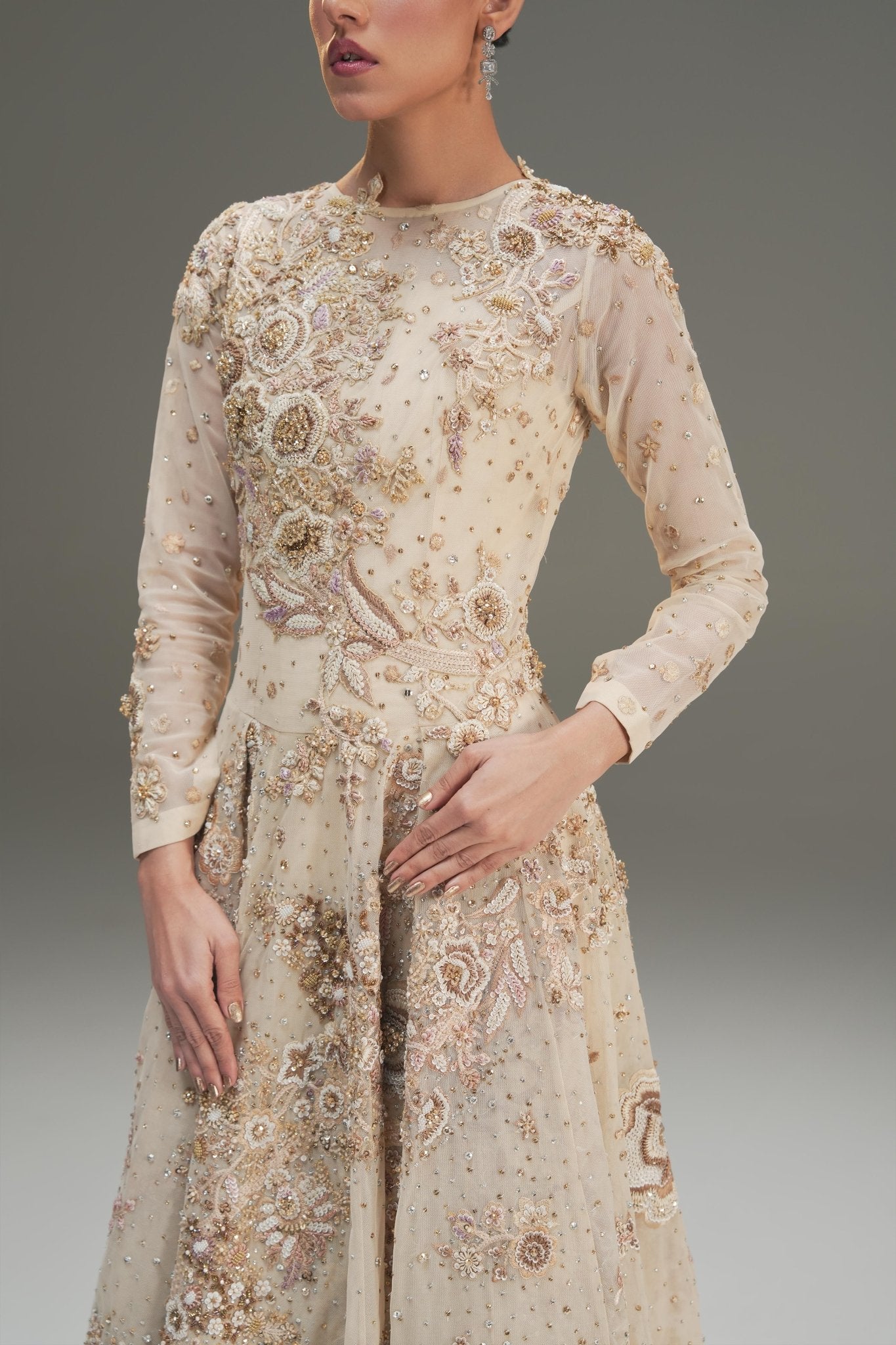 Ivory Hand Embroidered Net Bridal Gown (2-Piece) - Image 6