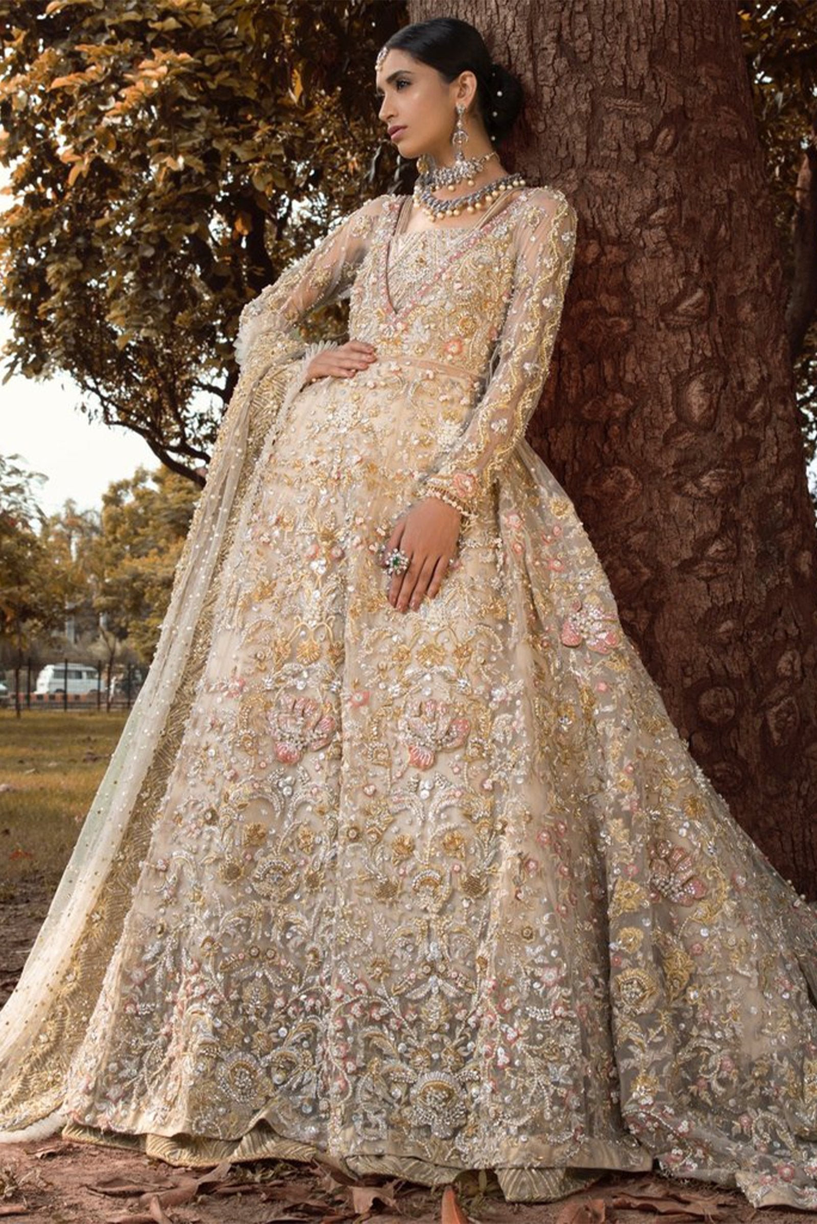 Pakistani Ivory Embellished Net Bridal Gown (2-Piece) - Image 1