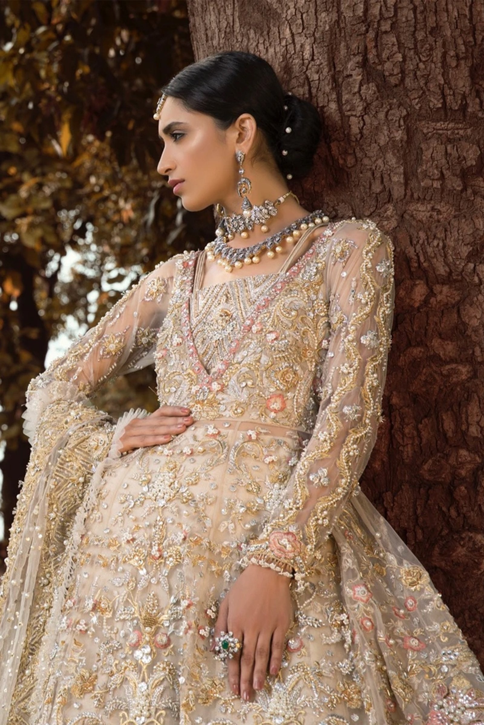 Pakistani Ivory Embellished Net Bridal Gown (2-Piece) - Image 2