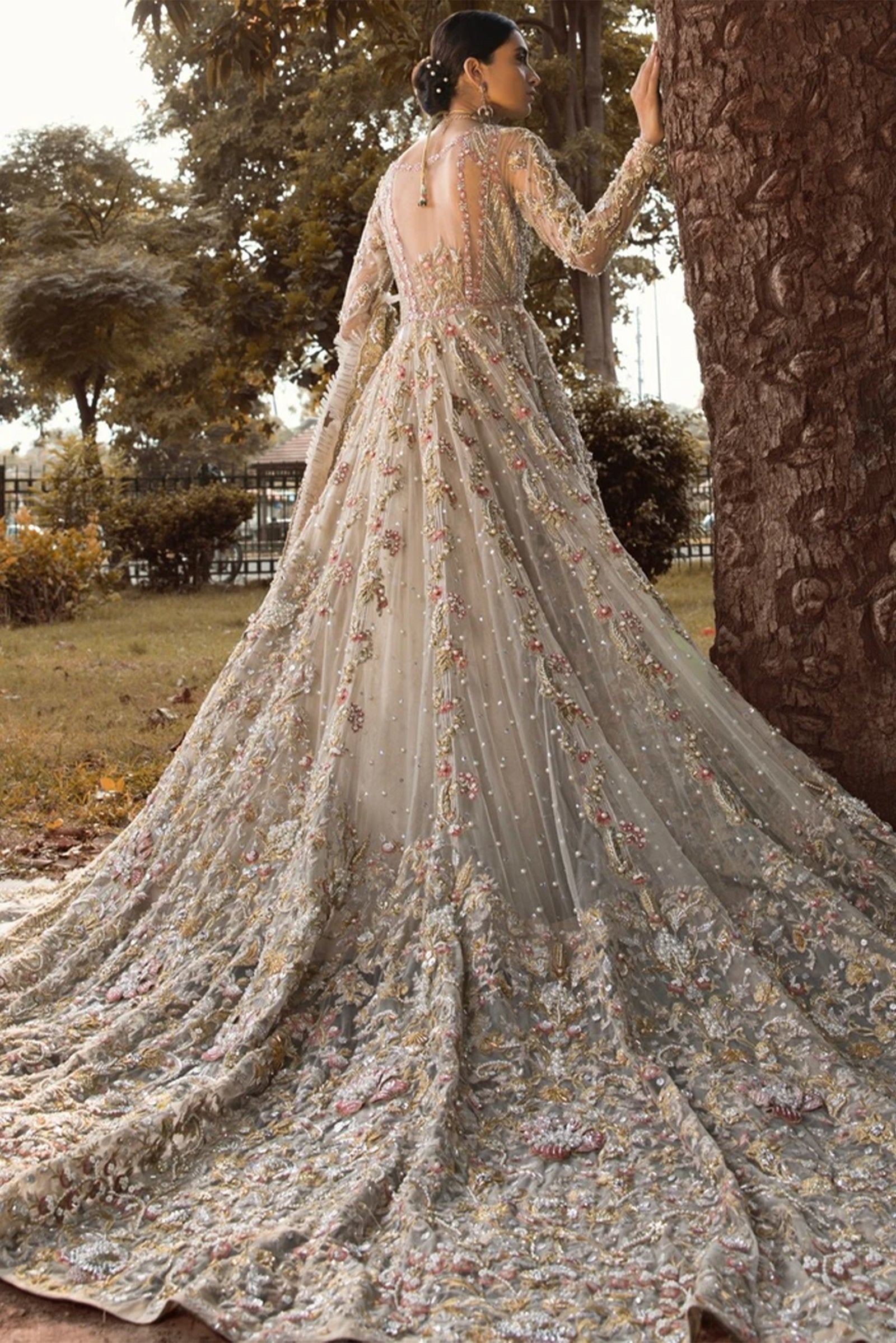 Pakistani Ivory Embellished Net Bridal Gown (2-Piece) - Image 3