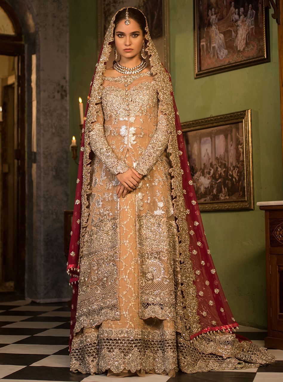 Pakistani Nude Embellished Net Bridal Gown with Sharara (3-Piece) - Image 1