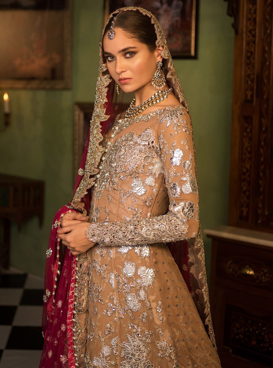Pakistani Nude Embellished Net Bridal Gown with Sharara (3-Piece) - Image 4