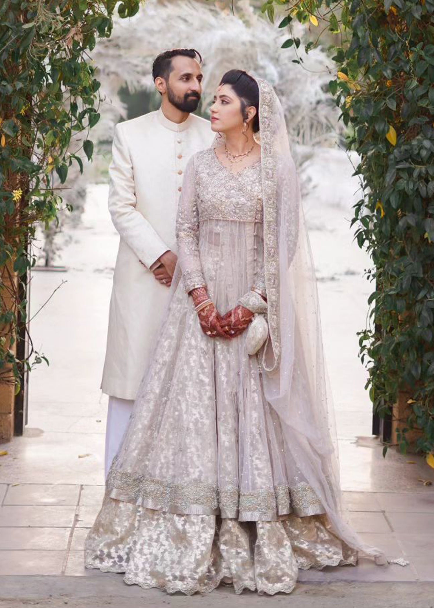 Pakistani Ivory Silver Embellished Bridal Gown (2-Piece) - Image 1