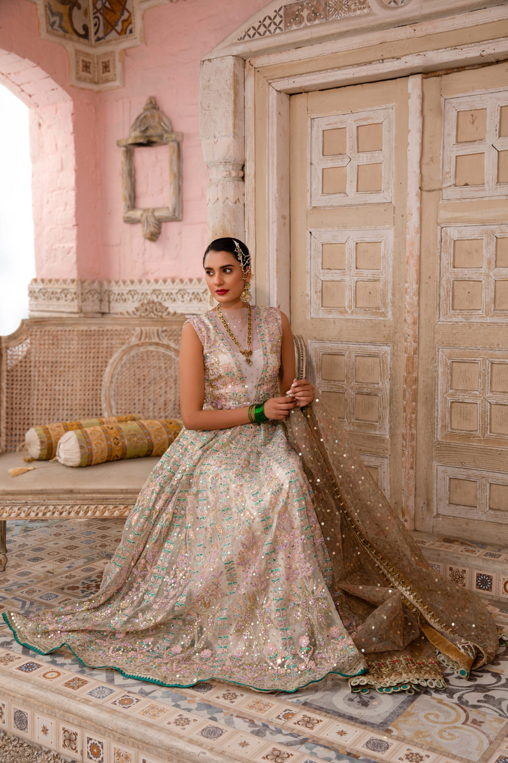 Pakistani Pastel Mirror Work Net Silk Bridal Gown (2-Piece) - Image 1