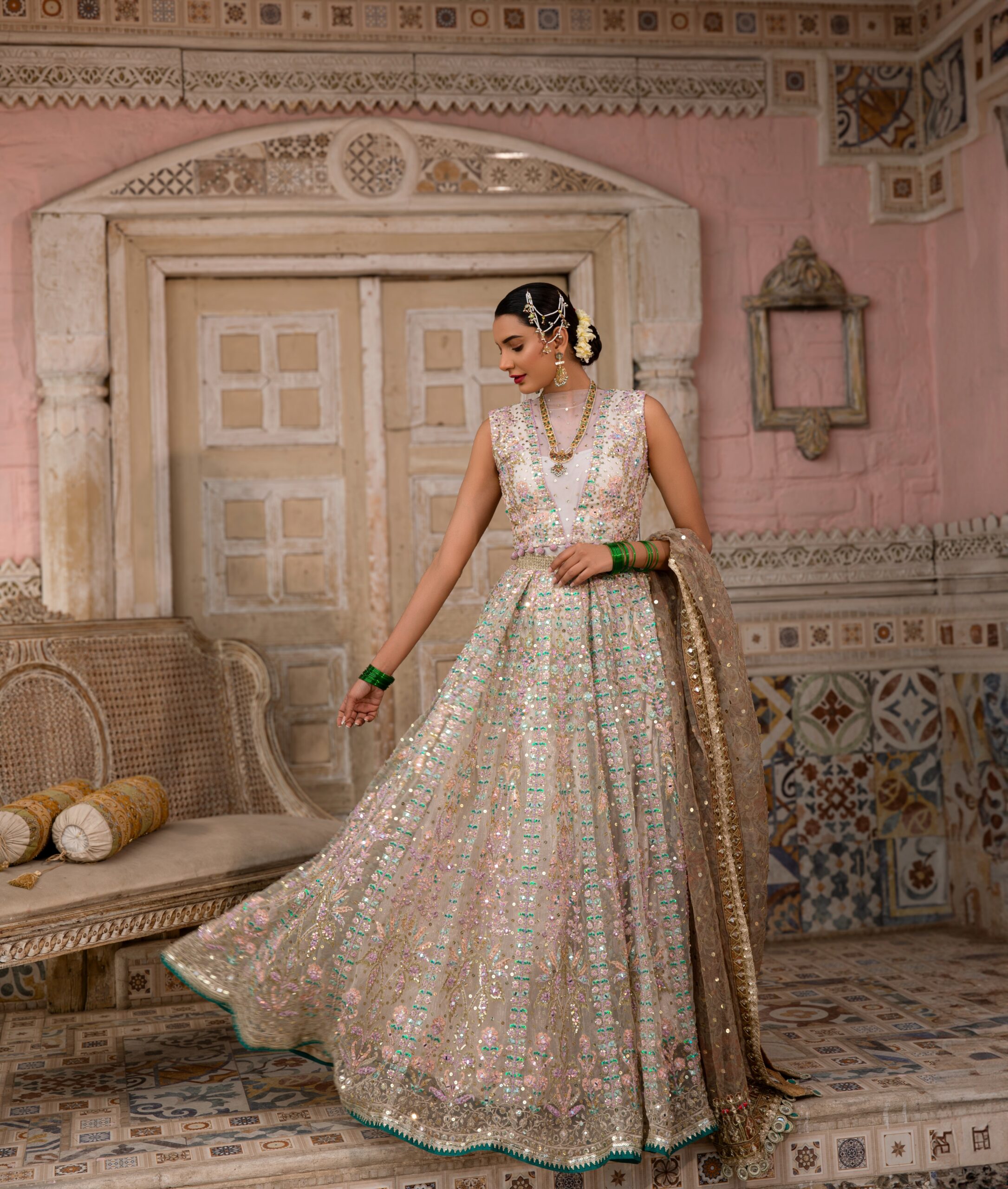 Pakistani Pastel Mirror Work Net Silk Bridal Gown (2-Piece) - Image 2