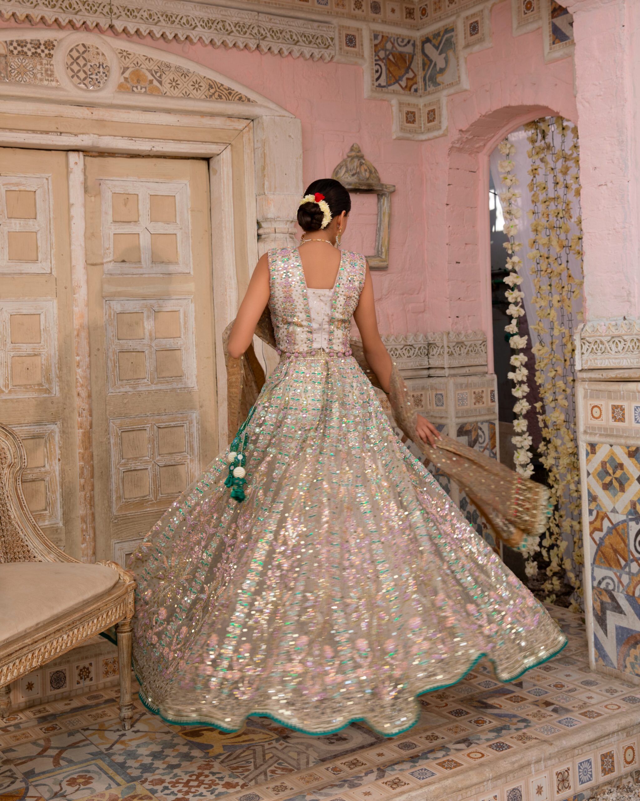 Pakistani Pastel Mirror Work Net Silk Bridal Gown (2-Piece) - Image 3