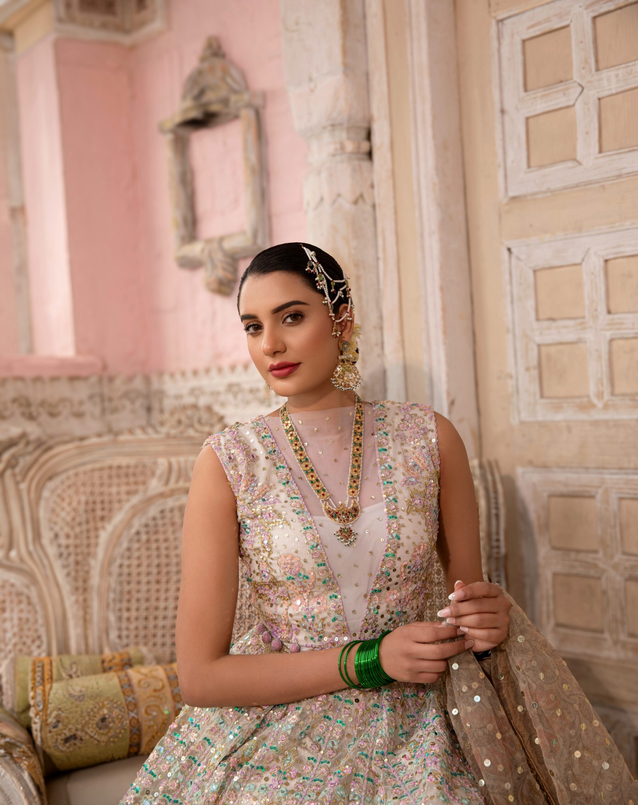 Pakistani Pastel Mirror Work Net Silk Bridal Gown (2-Piece) - Image 4