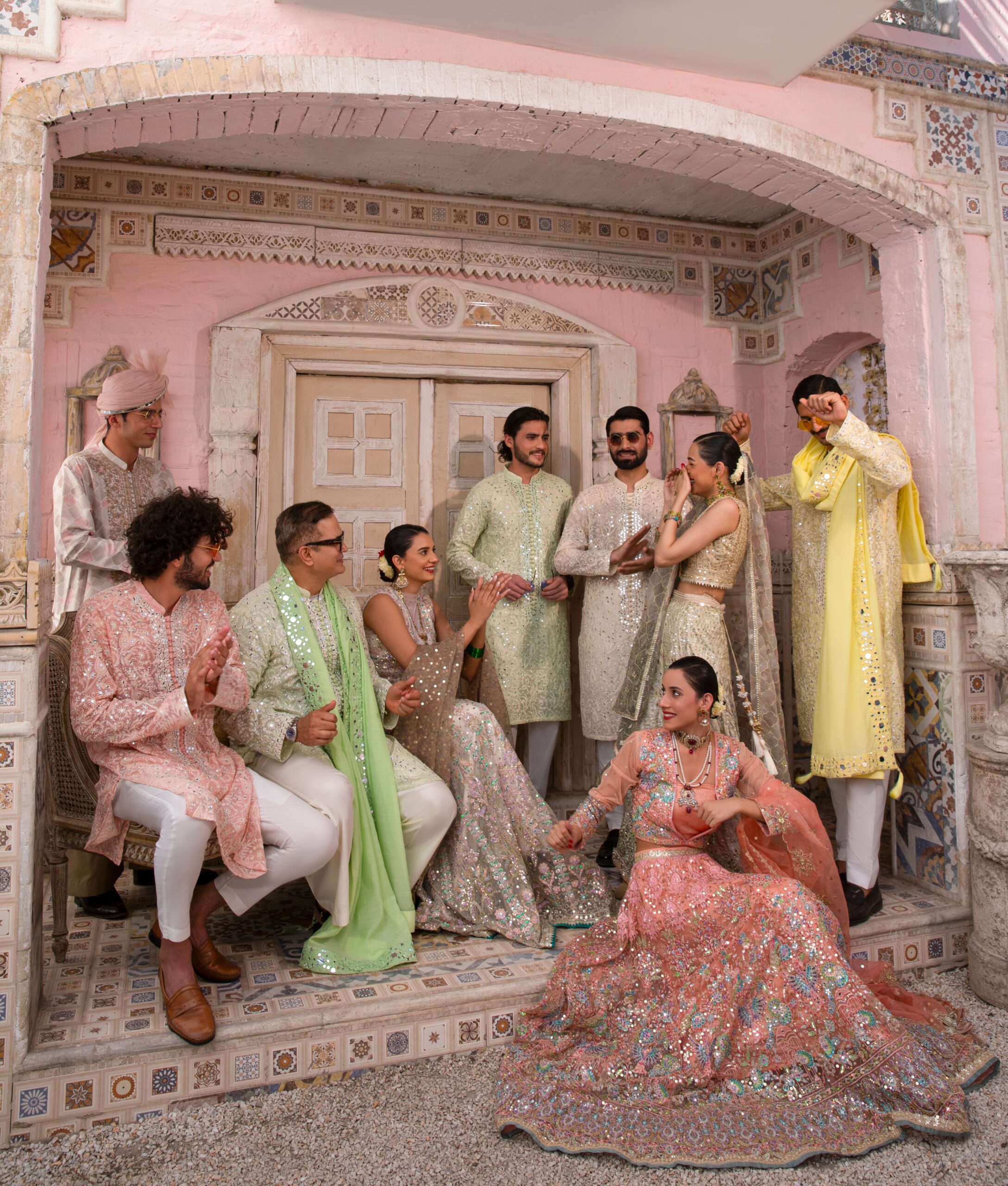 Pakistani Pastel Mirror Work Net Silk Bridal Gown (2-Piece) - Image 8