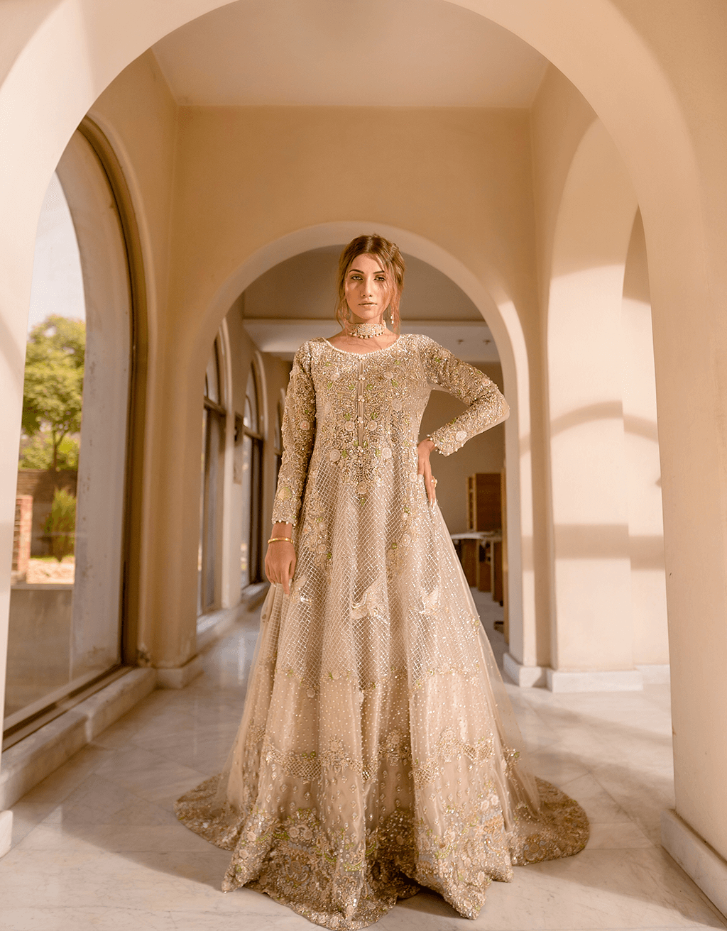 Ivory Silver Embroidered Net Bridal Gown (2-Piece) - Image 1